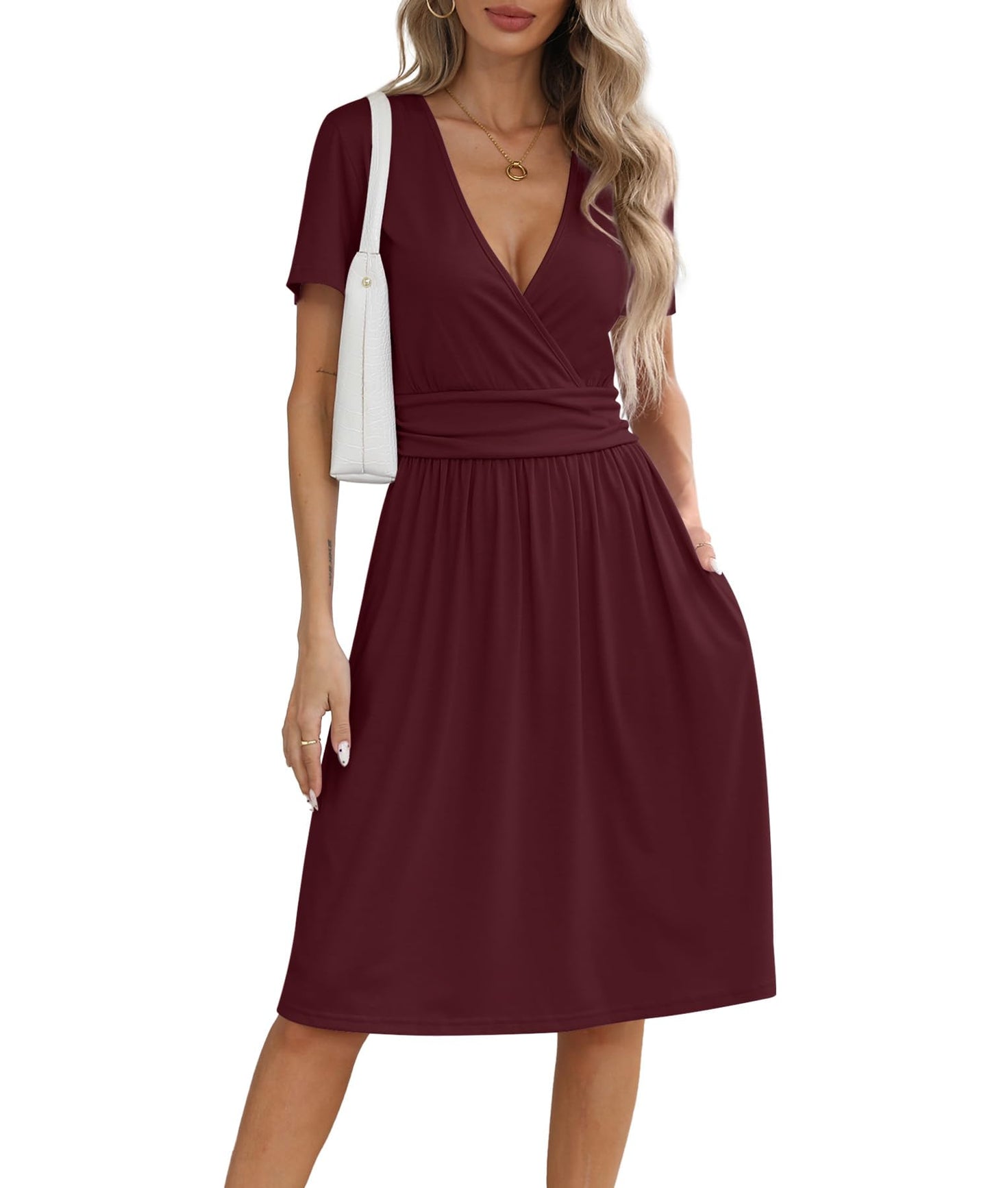 NILOUFO Women's Summer Casual Dress Short Sleeve Wrap V Neck Midi Dresses with Pockets