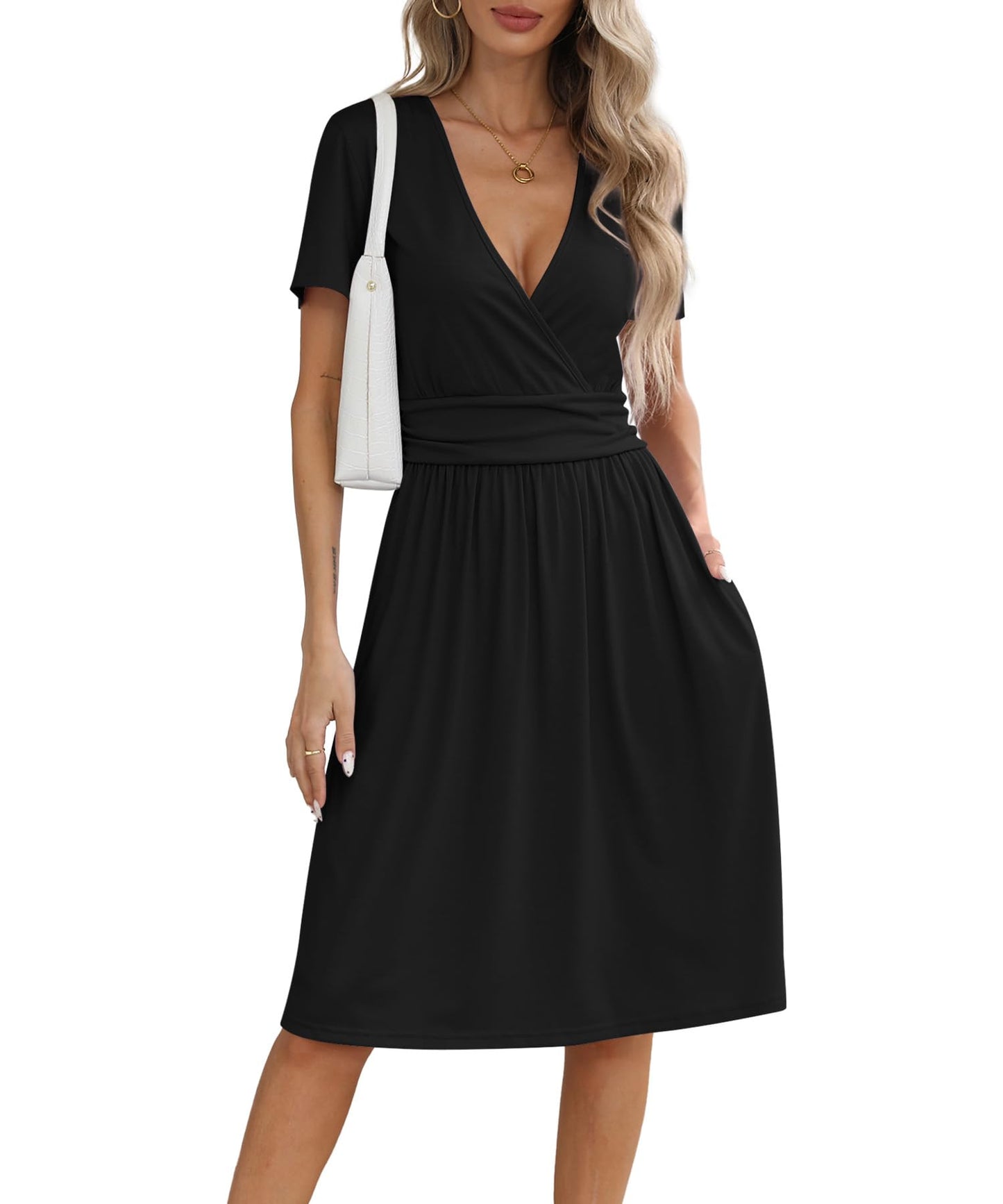 NILOUFO Women's Summer Casual Dress Short Sleeve Wrap V Neck Midi Dresses with Pockets
