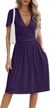 NILOUFO Women's Summer Casual Dress Short Sleeve Wrap V Neck Midi Dresses with Pockets