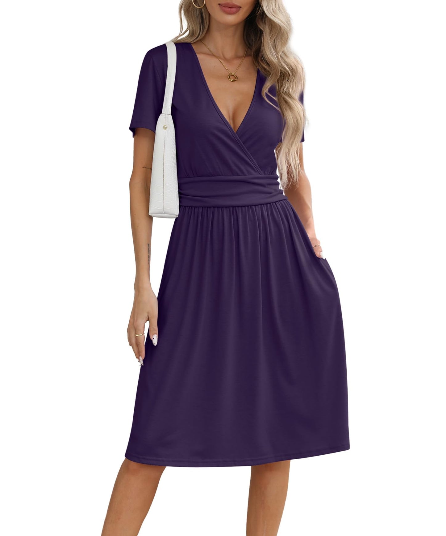 NILOUFO Women's Summer Casual Dress Short Sleeve Wrap V Neck Midi Dresses with Pockets