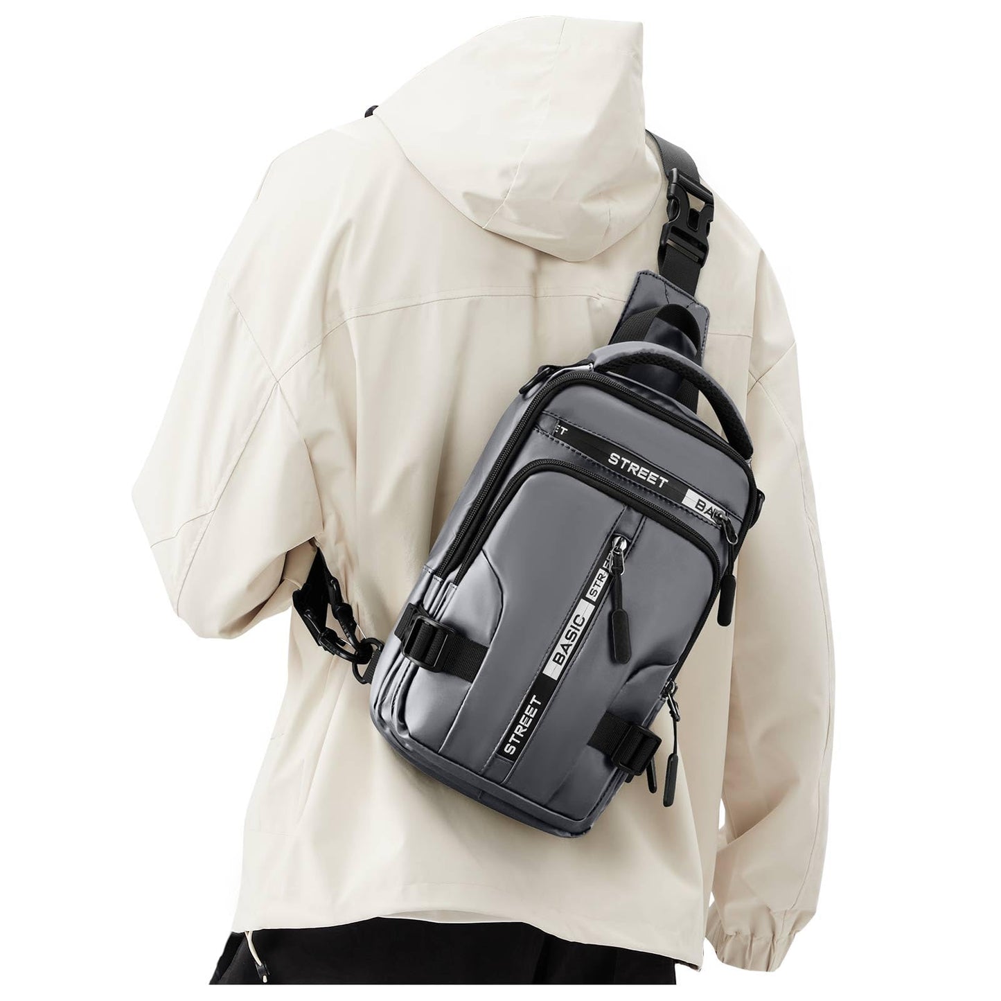 SEAFEW Small Black Sling Crossbody Backpack Shoulder Bag for Men Women, Lightweight One Strap Back Pack Sling Bag Backpack for Hiking Walking Biking Travel Cycling USB Charger Port-Nylon
