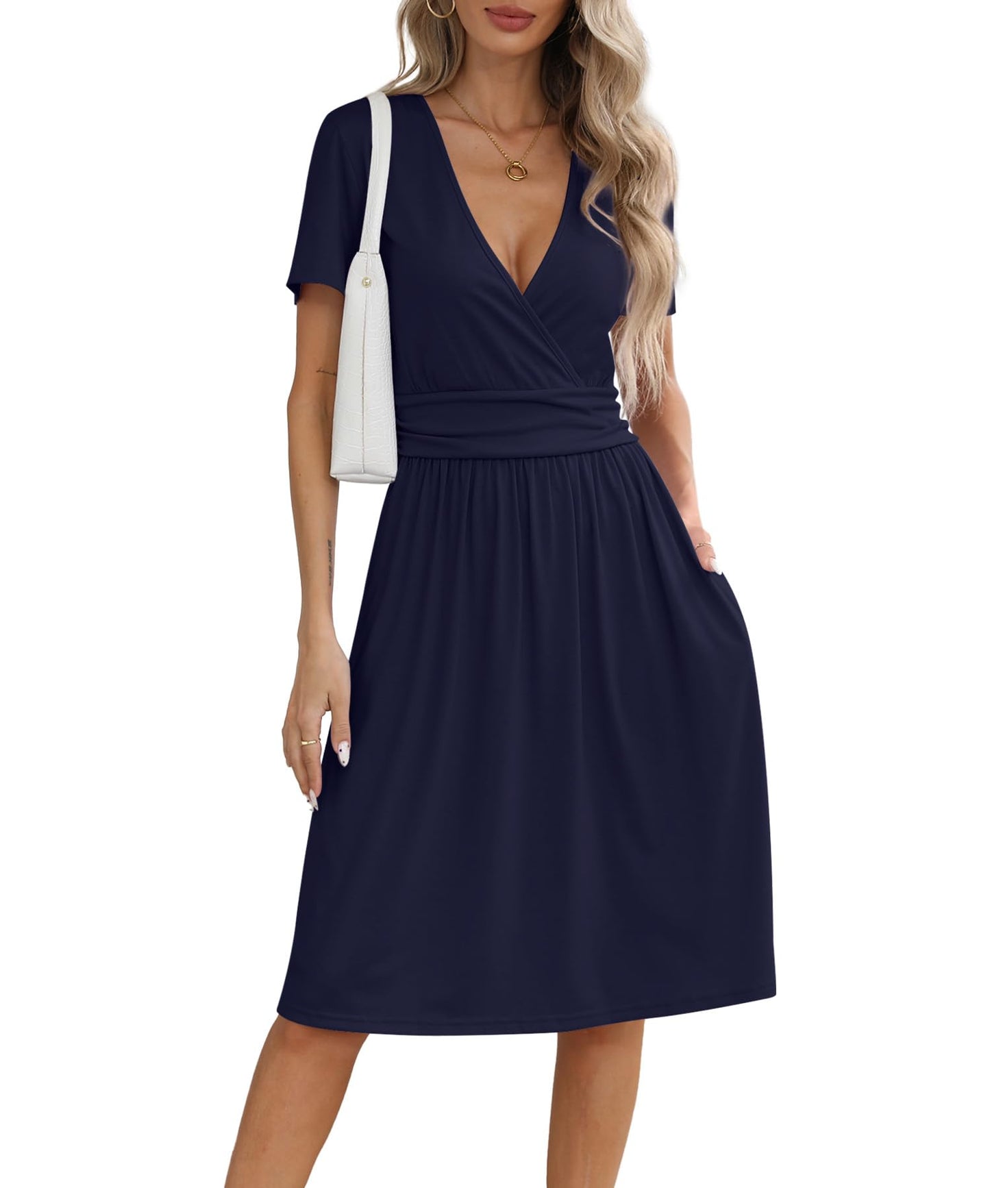 NILOUFO Women's Summer Casual Dress Short Sleeve Wrap V Neck Midi Dresses with Pockets