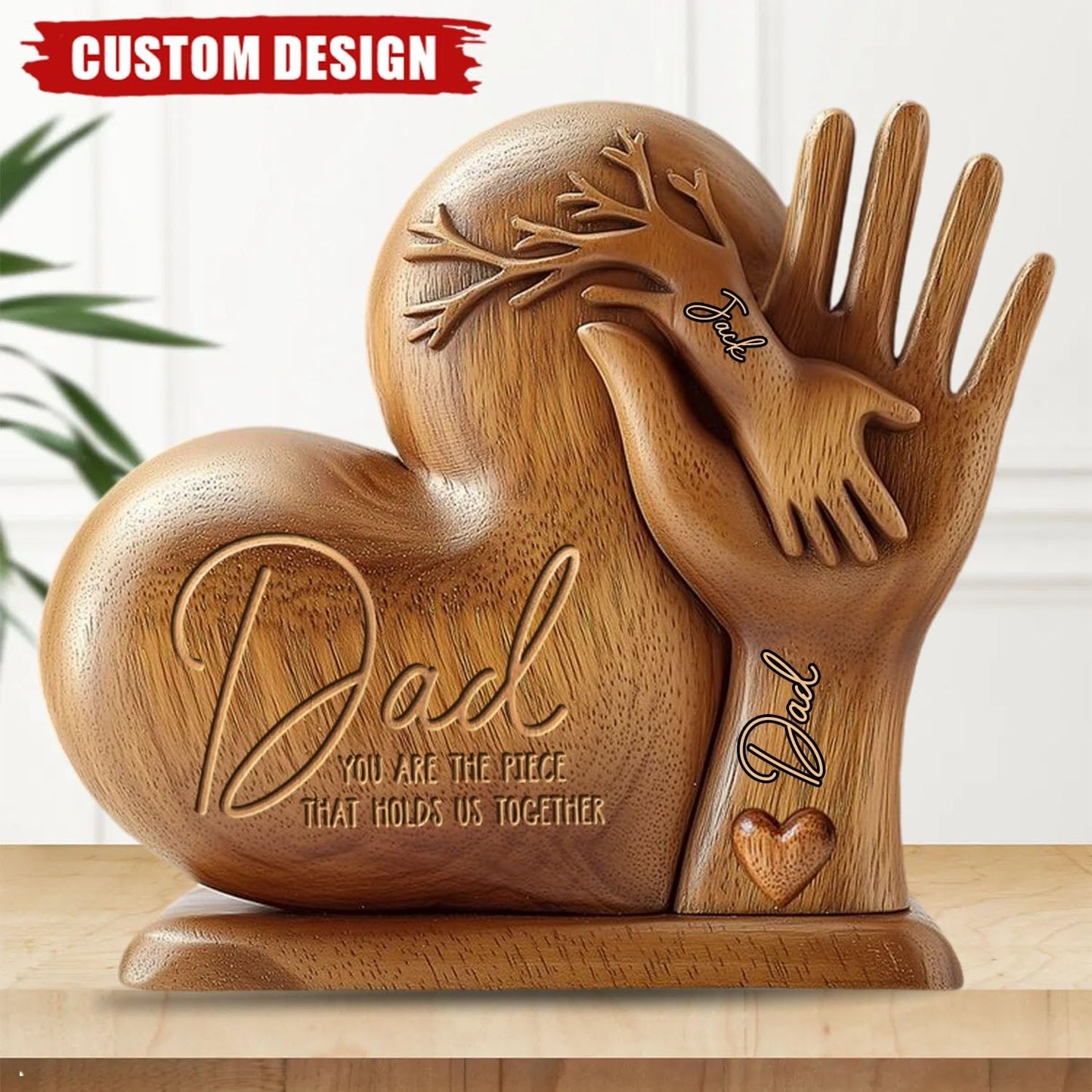Dad You Are The Piece That Holds Us Together - Personalized Acrylic Plaque, Father's Day Gift Wooden Texture Effect Heart Shaped Father’s Day Sign Table Decor Personalized Fathers Day Plaque Gifts