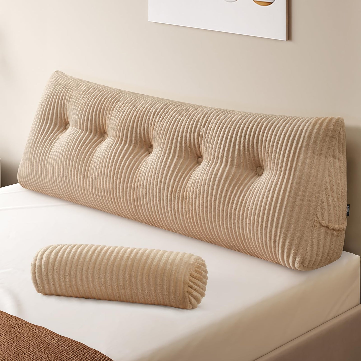 Z-hom Large Wedge Pillow Headboard, King Triangular Headboard Pillow, Reading Pillow Bed with a Roll Pillow for Bed Sitting Up Sleeping, Backrest Cushion Headboard Gap Pillow for Back,Beige