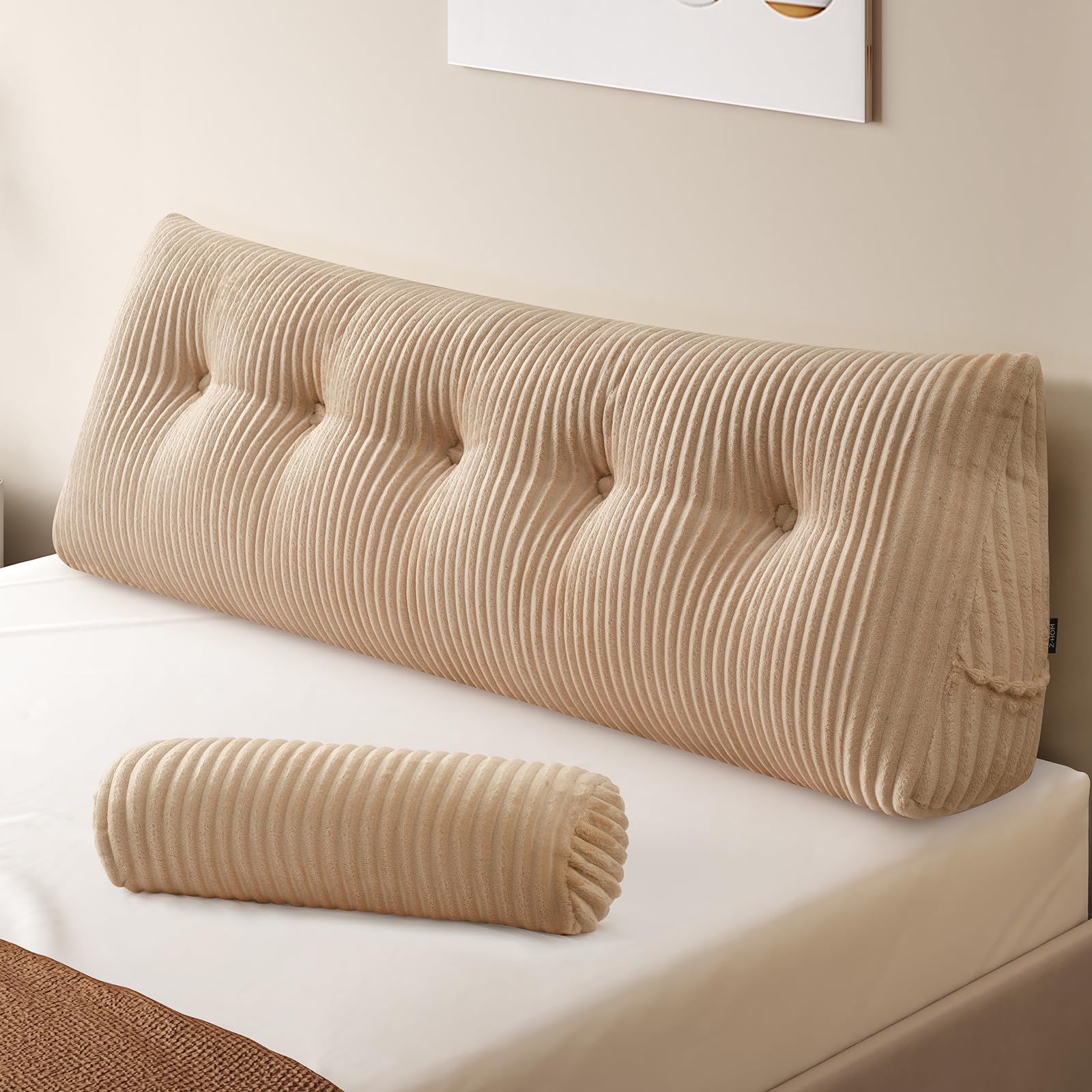 Z-hom Large Wedge Pillow Headboard, King Triangular Headboard Pillow, Reading Pillow Bed with a Roll Pillow for Bed Sitting Up Sleeping, Backrest Cushion Headboard Gap Pillow for Back,Beige