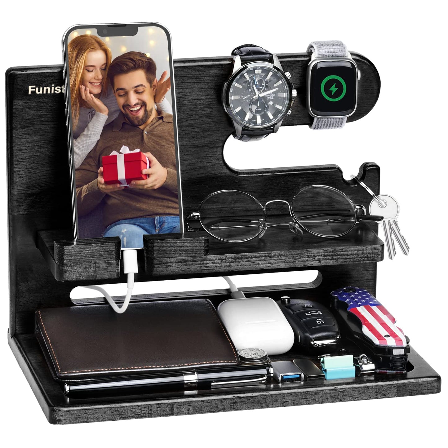 Fathers Day Dad Gifts from Daughter Son Wife, Wood Phone Docking Station with Drawer, Birthday Anniversary Men Him Husband Boyfriend Gifts from Girlfriend, Mens Nightstand Organizer Presents Ideas
