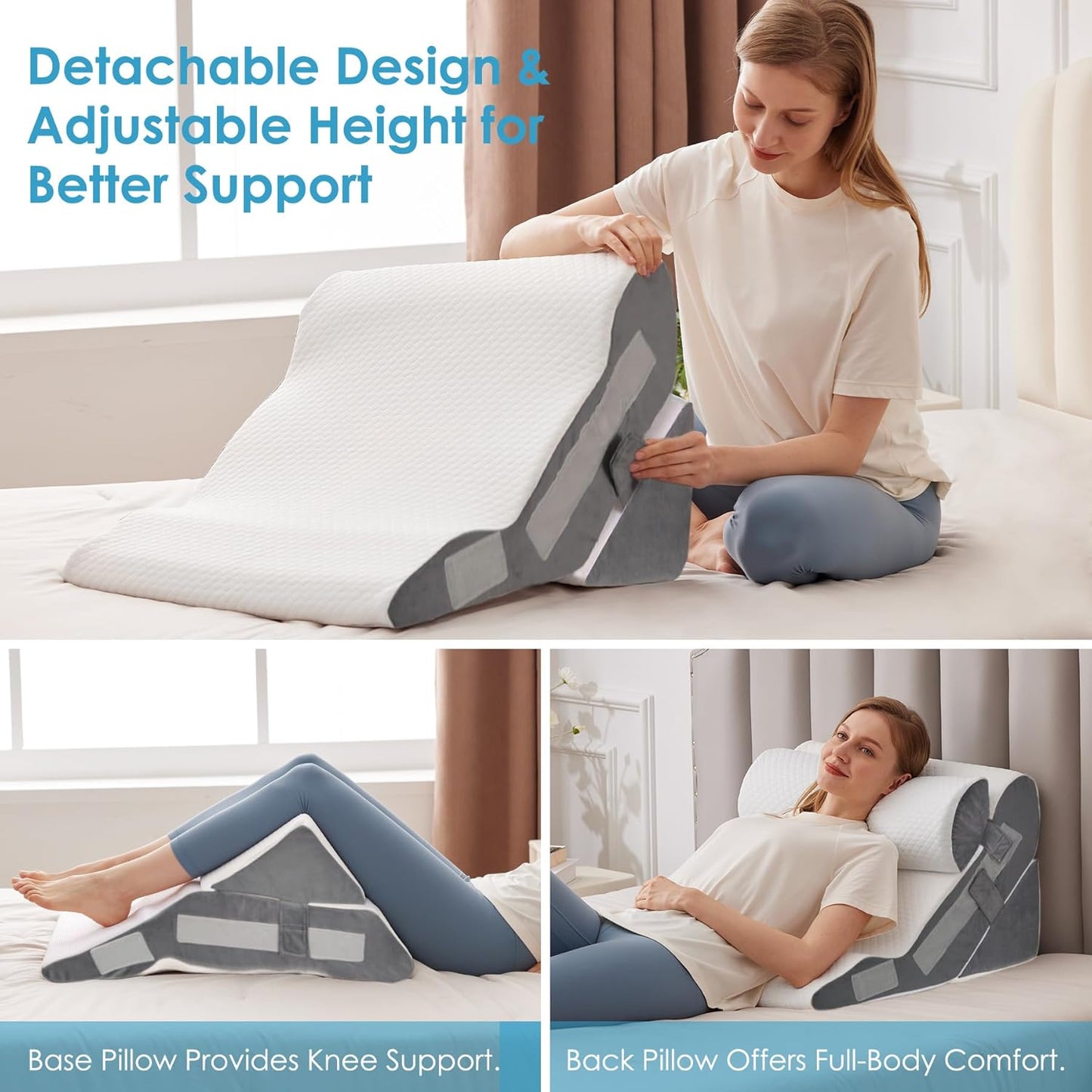 3PCS Bed Wedge Pillow for Headboard, Adjustable Wedge Pillow for Sleep Apnea, 23” Wide Triangle Pillow Wedge Set for After Surgery, Acid Reflux Relief, Snoring, Neck&Back Support, White/Grey