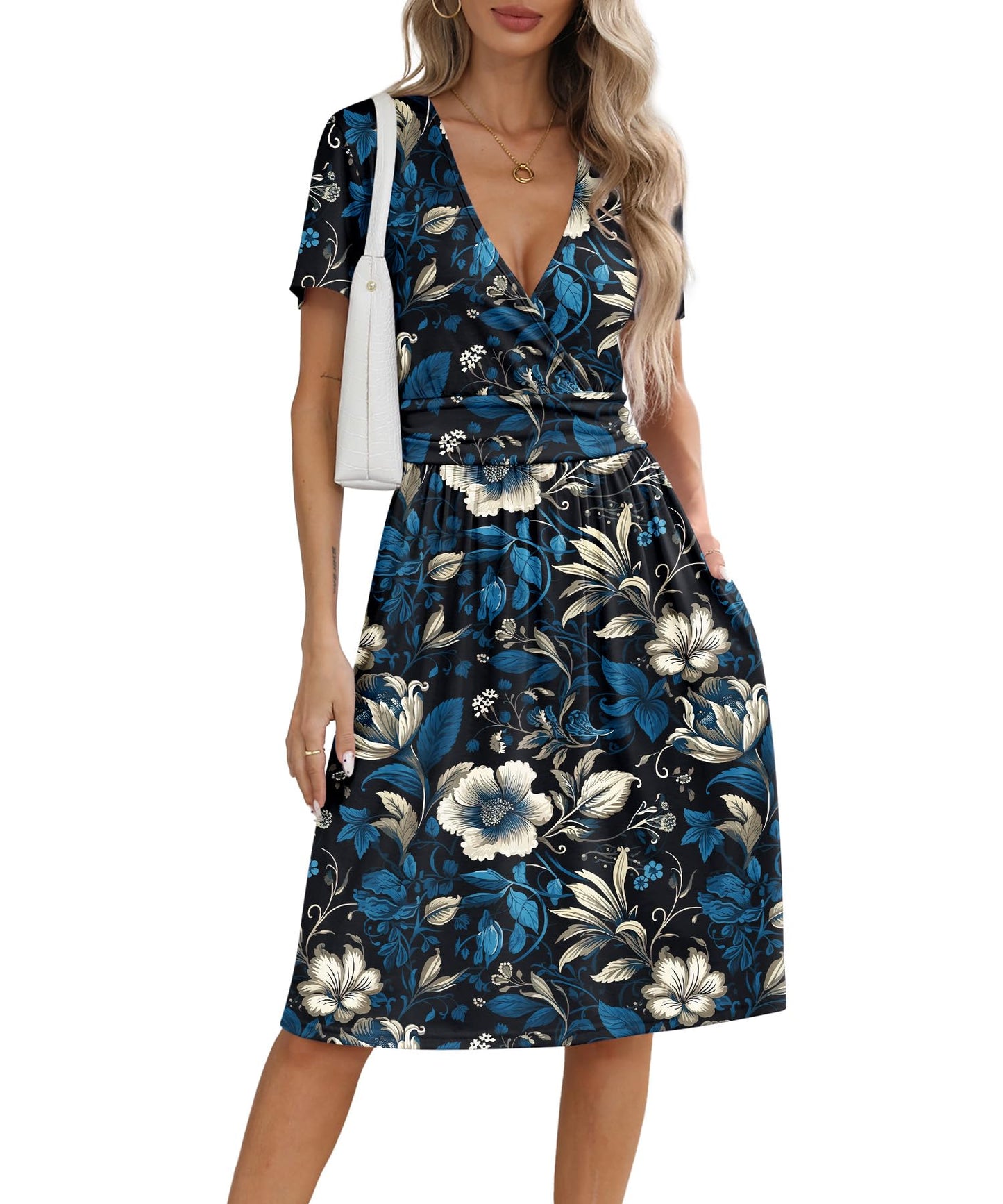 NILOUFO Women's Summer Casual Dress Short Sleeve Wrap V Neck Midi Dresses with Pockets