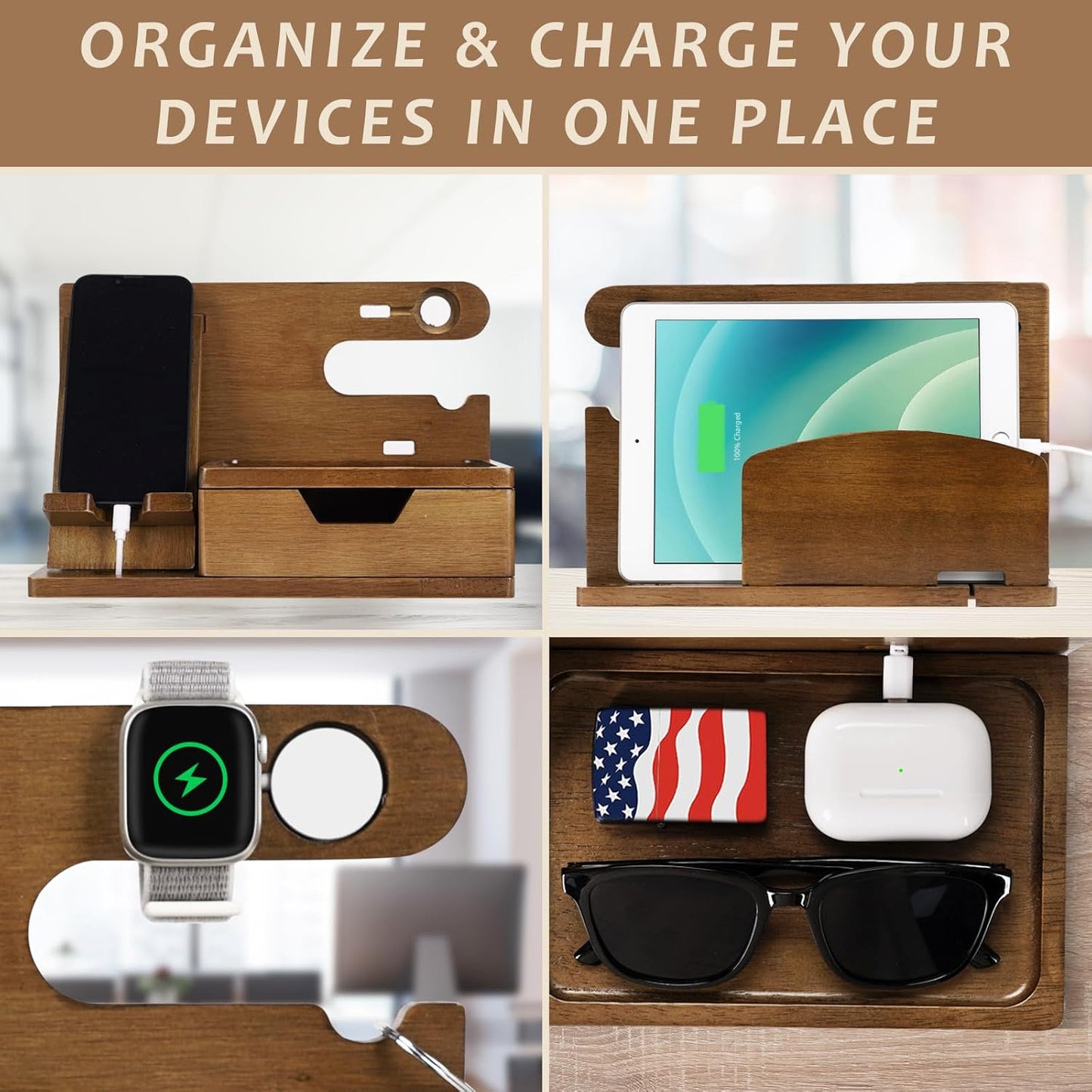 Fathers Day Dad Gifts from Daughter Son Wife, Wood Phone Docking Station with Drawer, Birthday Anniversary Men Him Husband Boyfriend Gifts from Girlfriend, Mens Nightstand Organizer Presents Ideas