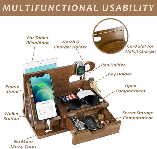 Fathers Day Dad Gifts from Daughter Son Wife, Wood Phone Docking Station with Drawer, Birthday Anniversary Men Him Husband Boyfriend Gifts from Girlfriend, Mens Nightstand Organizer Presents Ideas