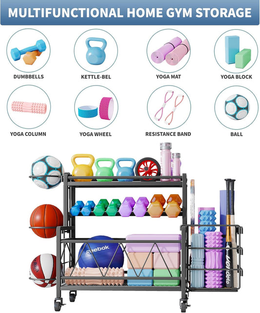 Dumbbell Rack, Weight Rack for Dumbbells, High Volume Home Gym Equipment Storage for Kettlebells, Yoga Mat, Foam Roller, etc, All in One Workout Storage with Wheels and Hooks