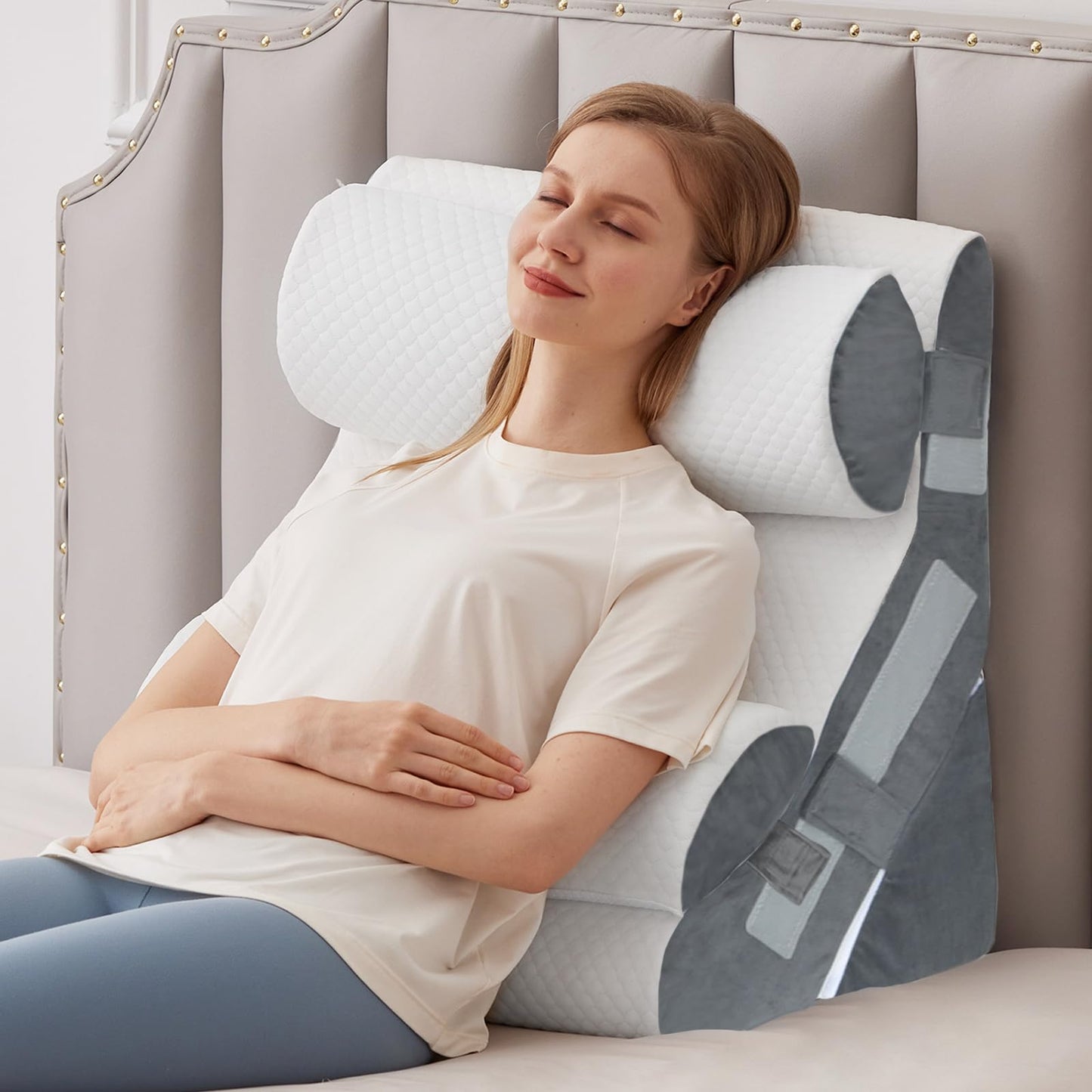 3PCS Bed Wedge Pillow for Headboard, Adjustable Wedge Pillow for Sleep Apnea, 23” Wide Triangle Pillow Wedge Set for After Surgery, Acid Reflux Relief, Snoring, Neck&Back Support, White/Grey