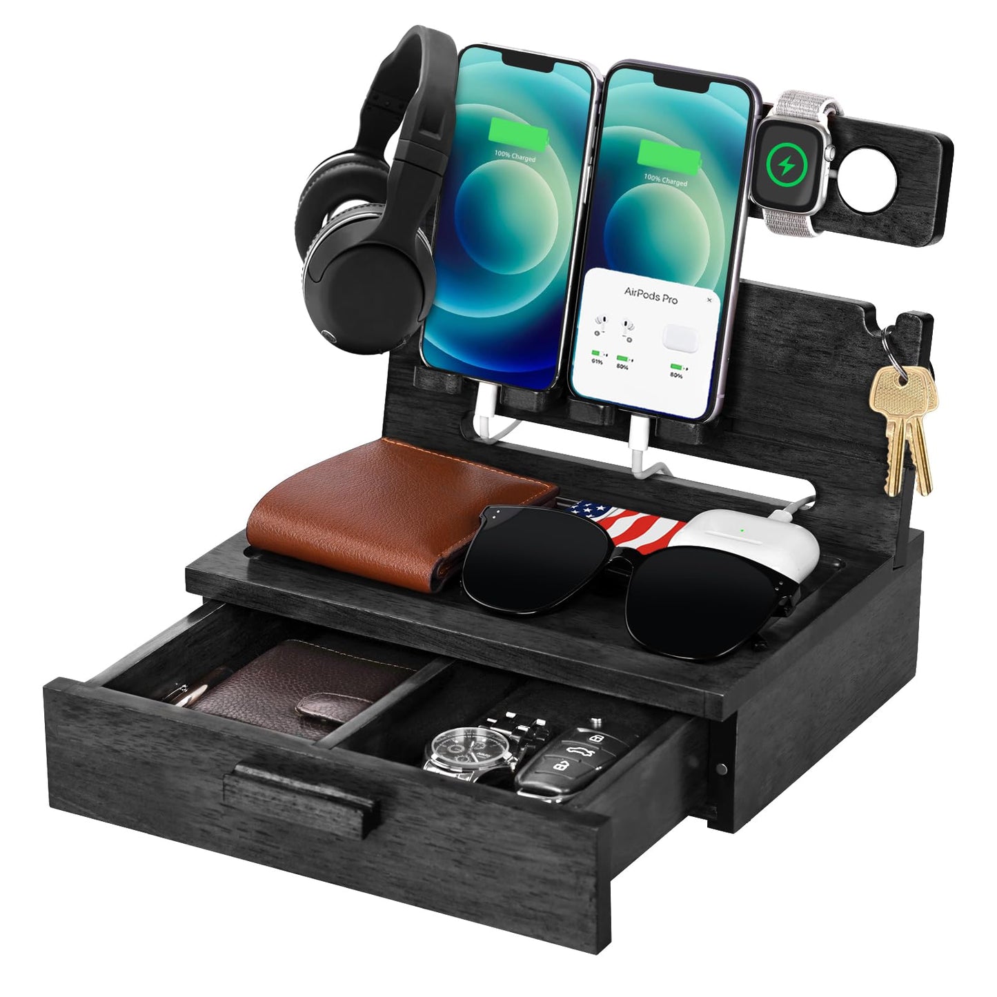Fathers Day Dad Gifts from Daughter Son Wife, Wood Phone Docking Station with Drawer, Birthday Anniversary Men Him Husband Boyfriend Gifts from Girlfriend, Mens Nightstand Organizer Presents Ideas