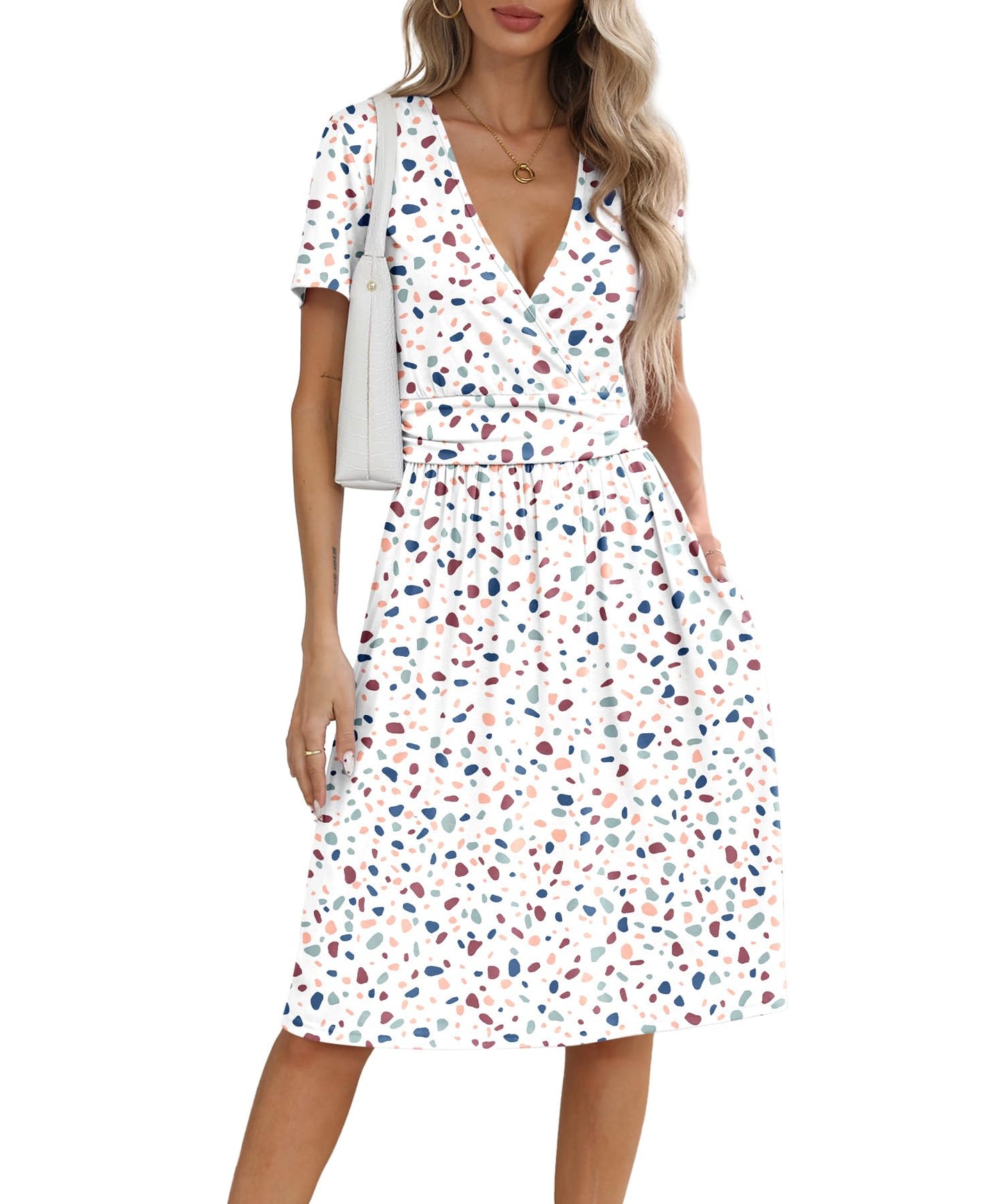 NILOUFO Women's Summer Casual Dress Short Sleeve Wrap V Neck Midi Dresses with Pockets