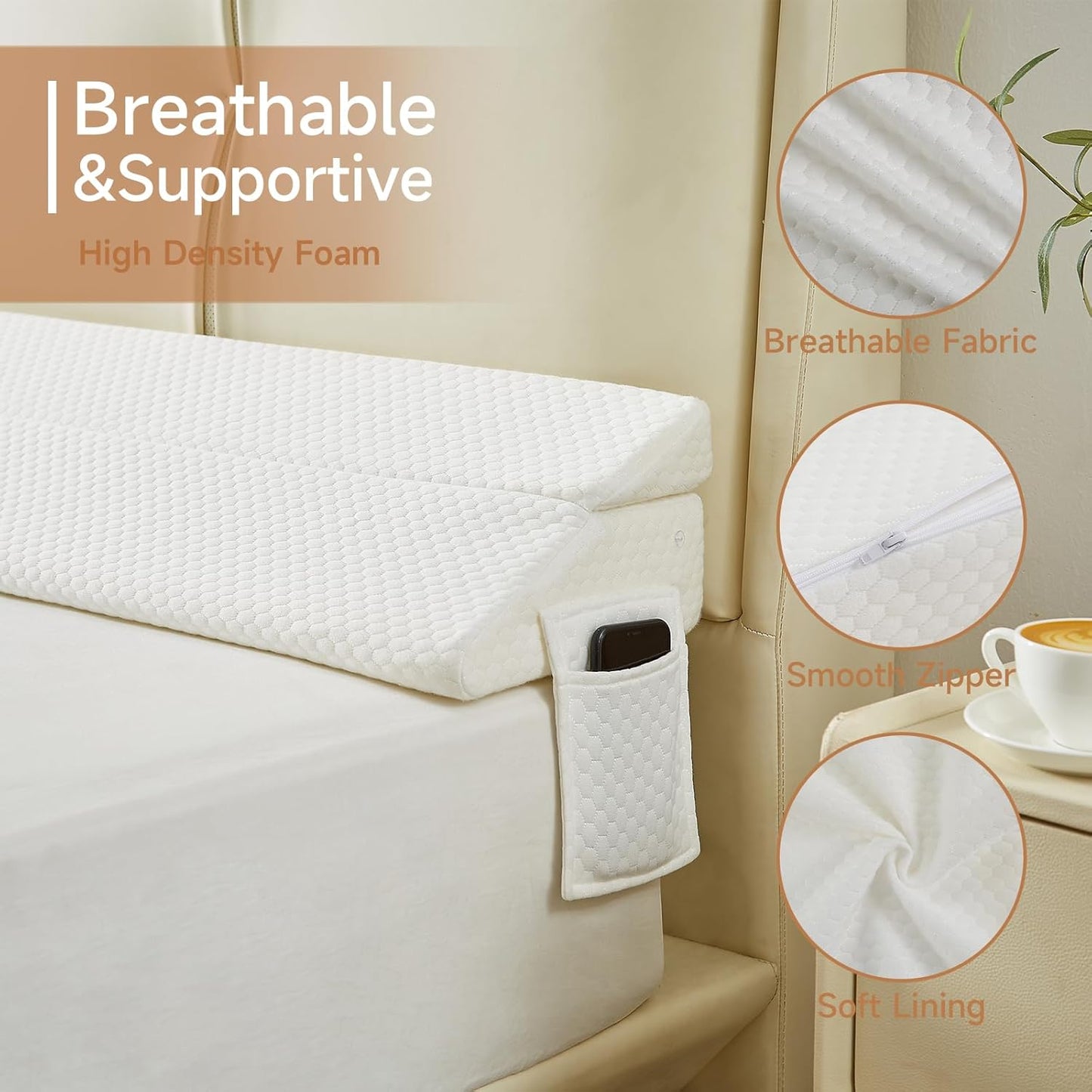 Full Size Bed Wedge Pillow for Headboard – Foldable Mattress Gap Filler (0–8"), Converts to Backrest, Prevents Pillow Slipping, Reversible Dual-Side Pockets, Washable Cover, White (54"x10"x6")