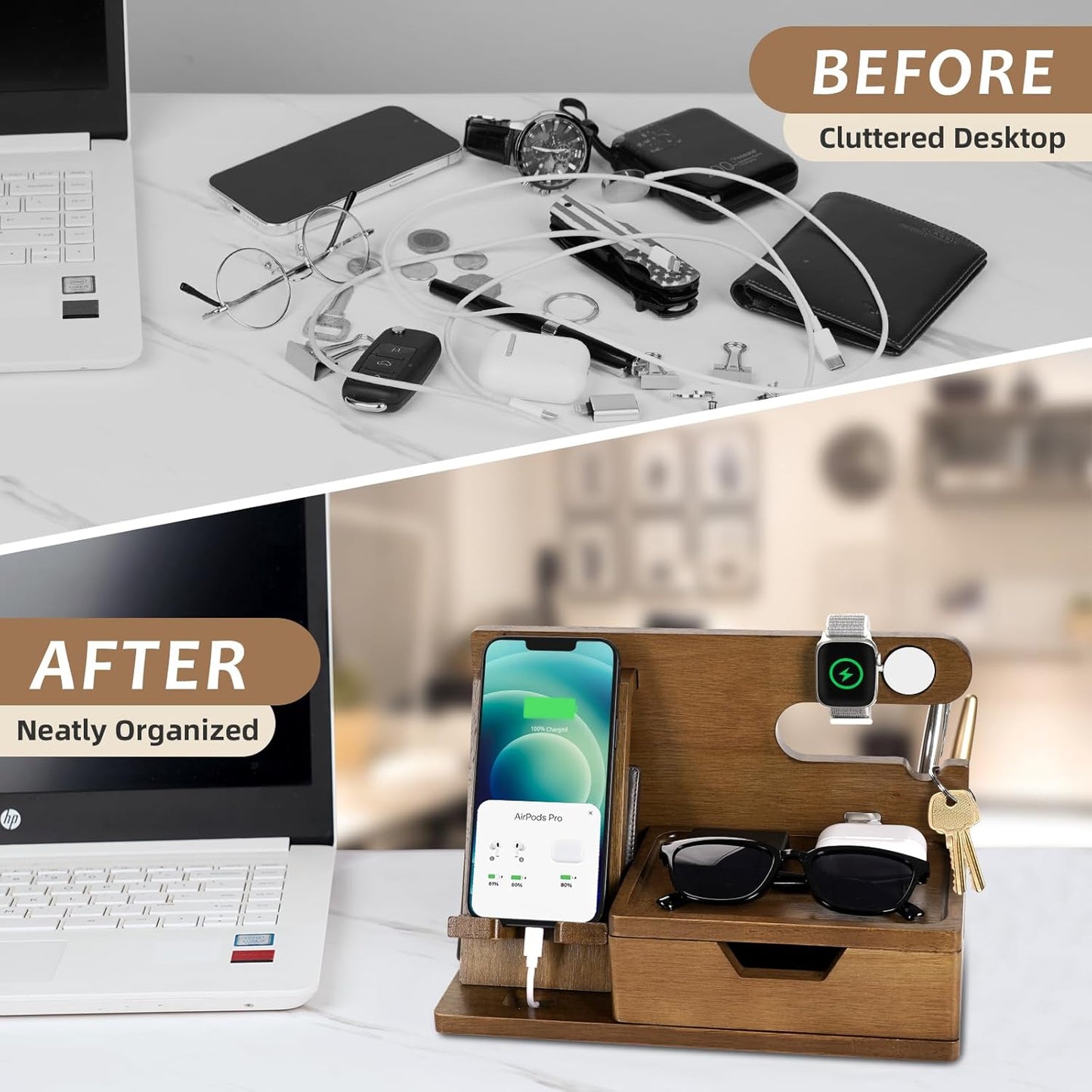 Fathers Day Dad Gifts from Daughter Son Wife, Wood Phone Docking Station with Drawer, Birthday Anniversary Men Him Husband Boyfriend Gifts from Girlfriend, Mens Nightstand Organizer Presents Ideas