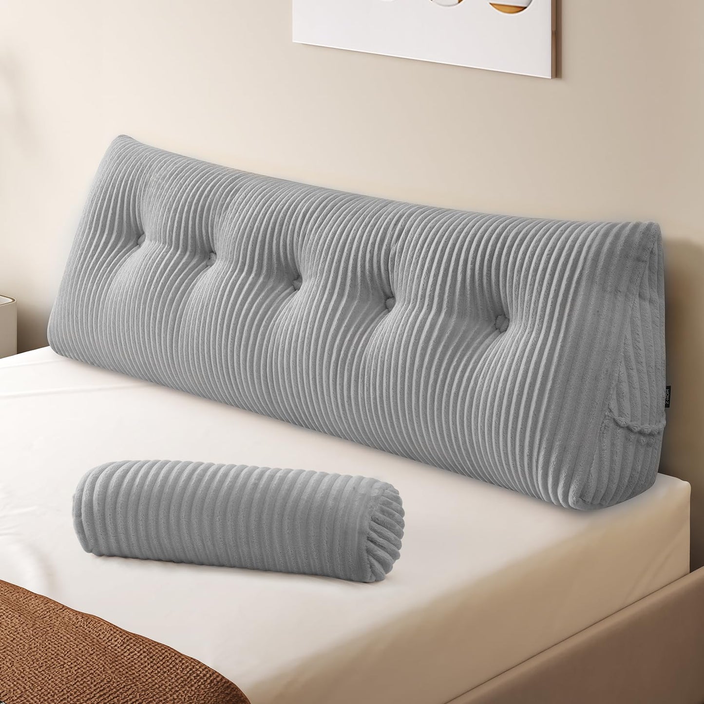 Z-hom Large Wedge Pillow Headboard, King Triangular Headboard Pillow, Reading Pillow Bed with a Roll Pillow for Bed Sitting Up Sleeping, Backrest Cushion Headboard Gap Pillow for Back,Beige