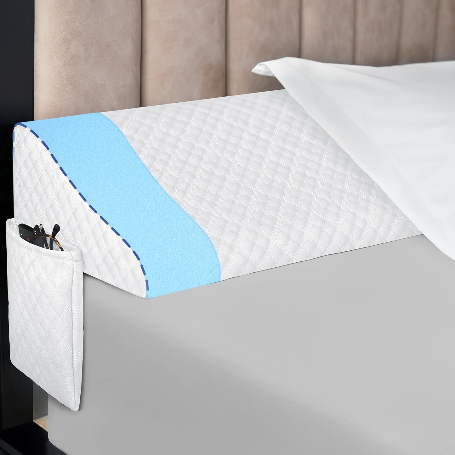 Kayfia Queen Size Pillow Wedge for Headboard Gap Bed Gap Filller (0-8") Mattress Space Filler Pillow Stopper with 2 Side Pocket Triangle Foam Pillow Wedge Between Headboard Mattress(Grey, 60"x10"x6")