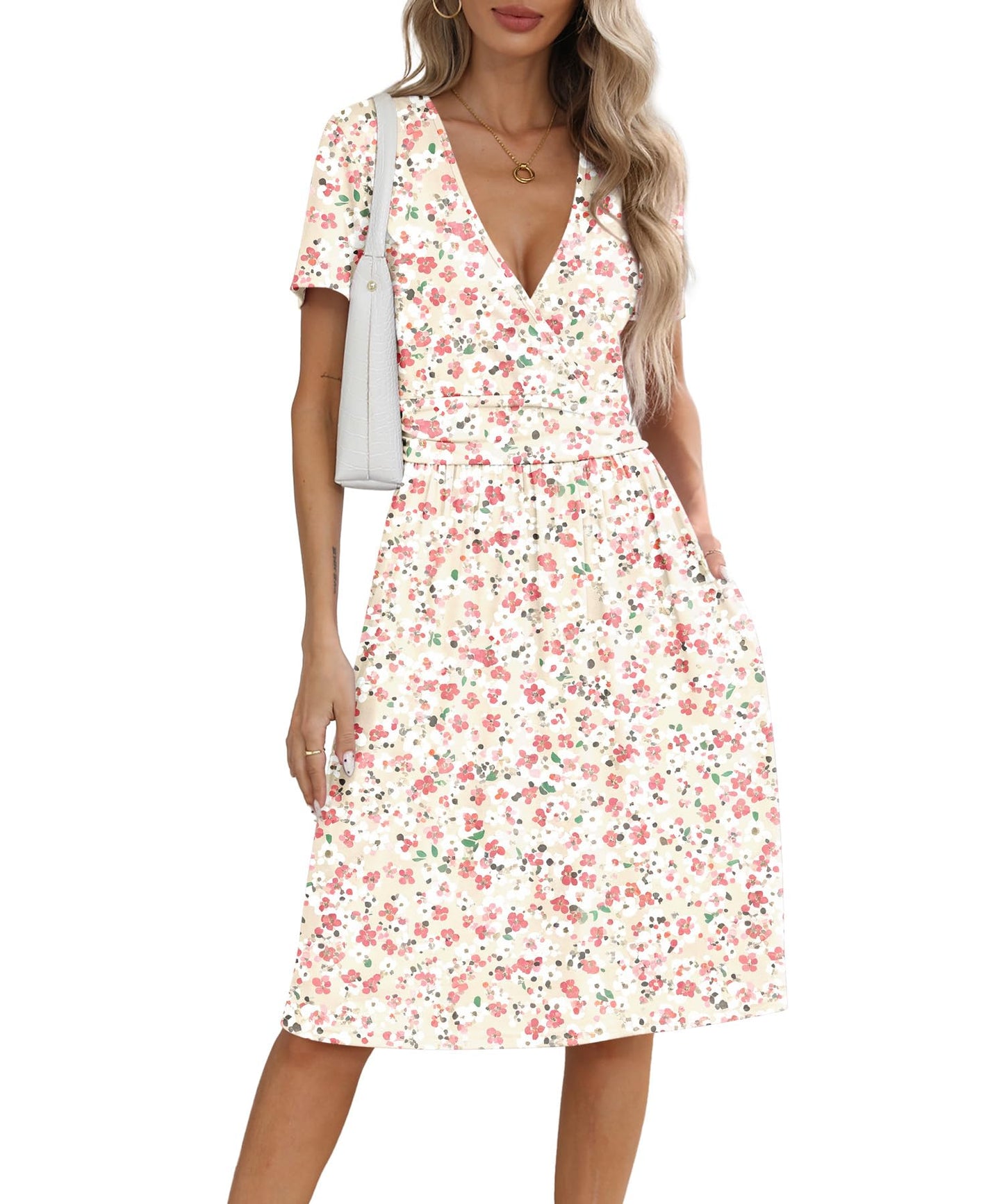 NILOUFO Women's Summer Casual Dress Short Sleeve Wrap V Neck Midi Dresses with Pockets