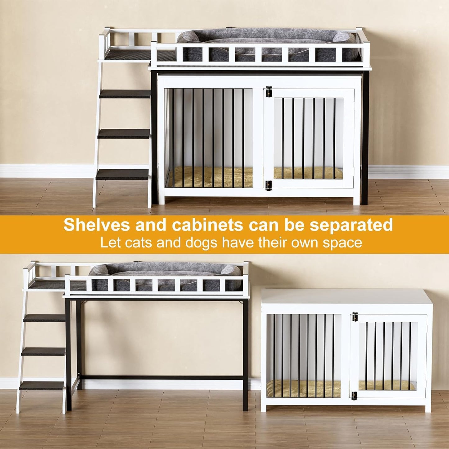 PAKASEPT Dog Crate Furniture, Pet Bunk Bed with Stairs and Storage, Dogs/Cats Window Perch, with Multi-Purpose Blanket and Fluffy Dog Bed for Small Medium Size (55.1L x 28.5" W x 37.4" H)