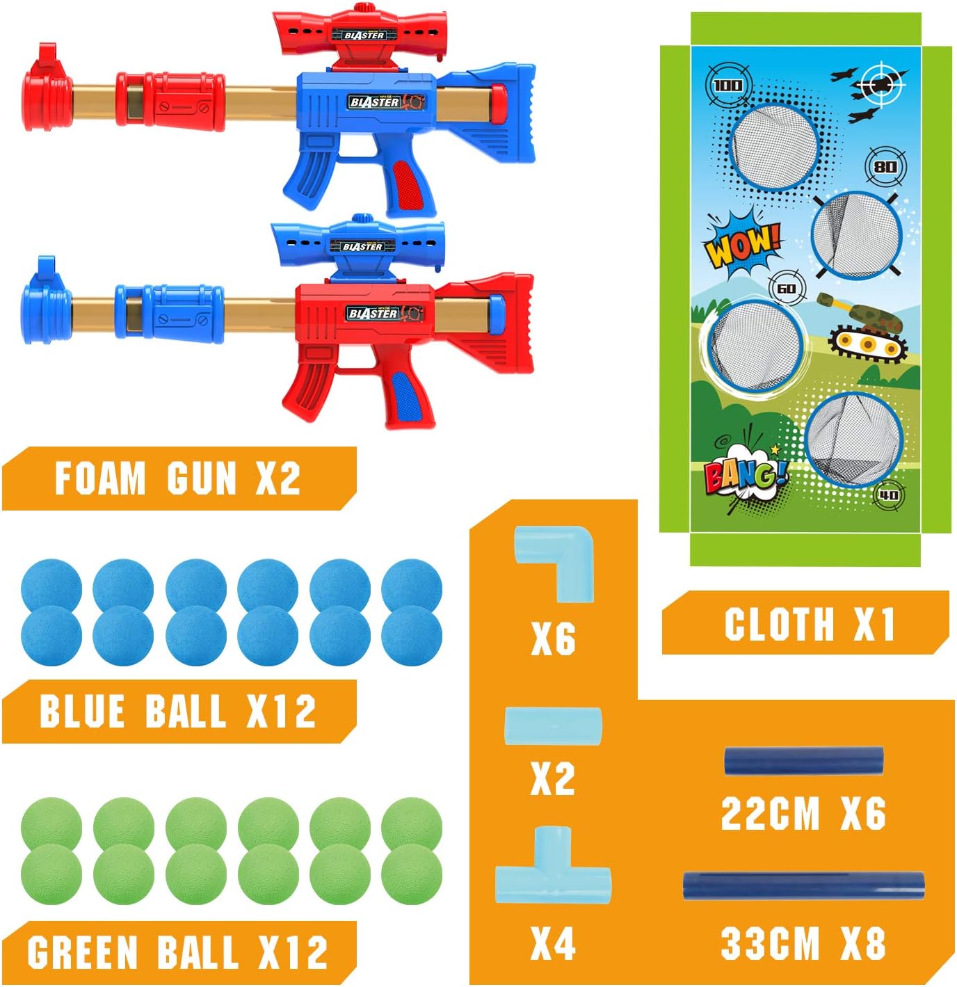 SpringFlower Shooting Game Toy for 5 6 7 8 9 10+ Years Olds Boys,2pk Foam Ball Popper Air Toy Guns with Standing Shooting Target,24 Foam Balls, for Kids