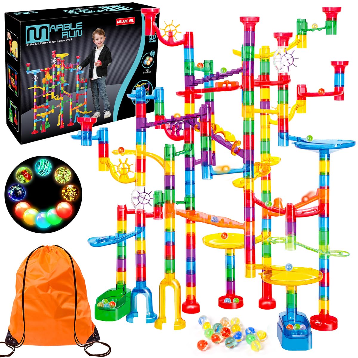 Meland Marble Run - 132Pcs Marble Maze Game Building Toy for Kid, Marble Track Race Set & STEM Learning Toys for Boy Girl Age 3 4 5 6 7 8 9+ (102 Translucent Marbulous Pcs & 30 Glass Marbles)