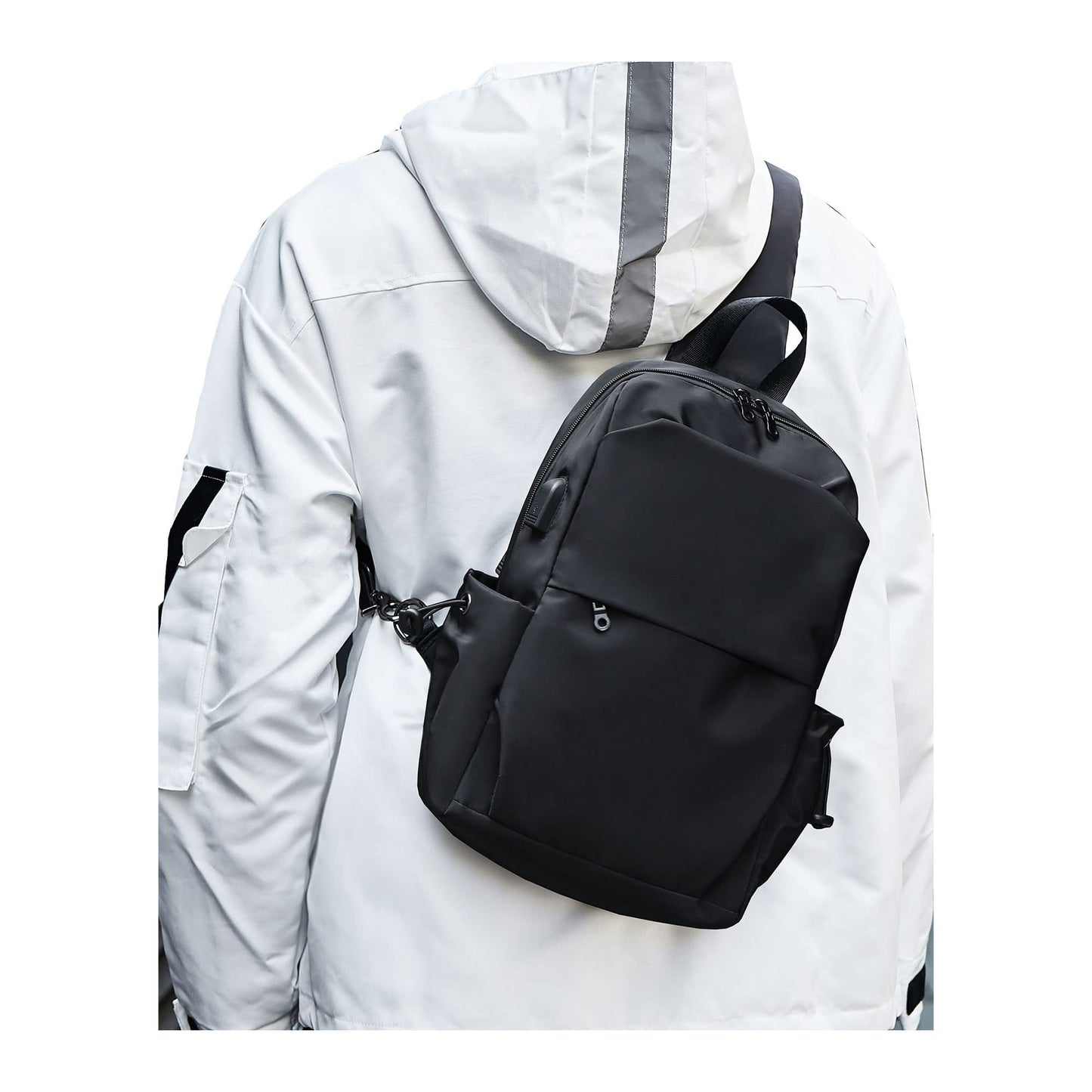 SEAFEW Small Black Sling Crossbody Backpack Shoulder Bag for Men Women, Lightweight One Strap Back Pack Sling Bag Backpack for Hiking Walking Biking Travel Cycling USB Charger Port-Nylon