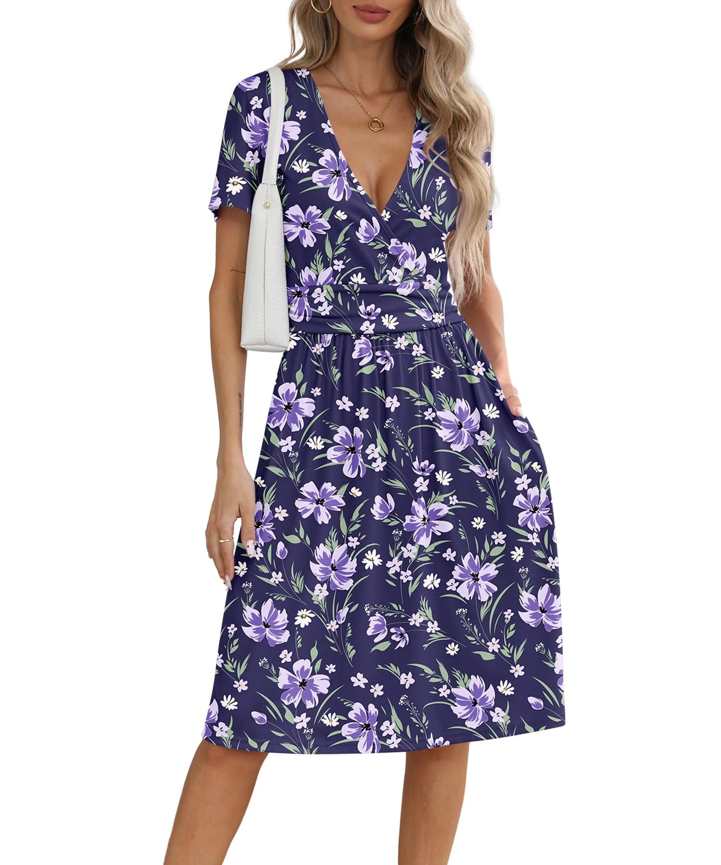 NILOUFO Women's Summer Casual Dress Short Sleeve Wrap V Neck Midi Dresses with Pockets