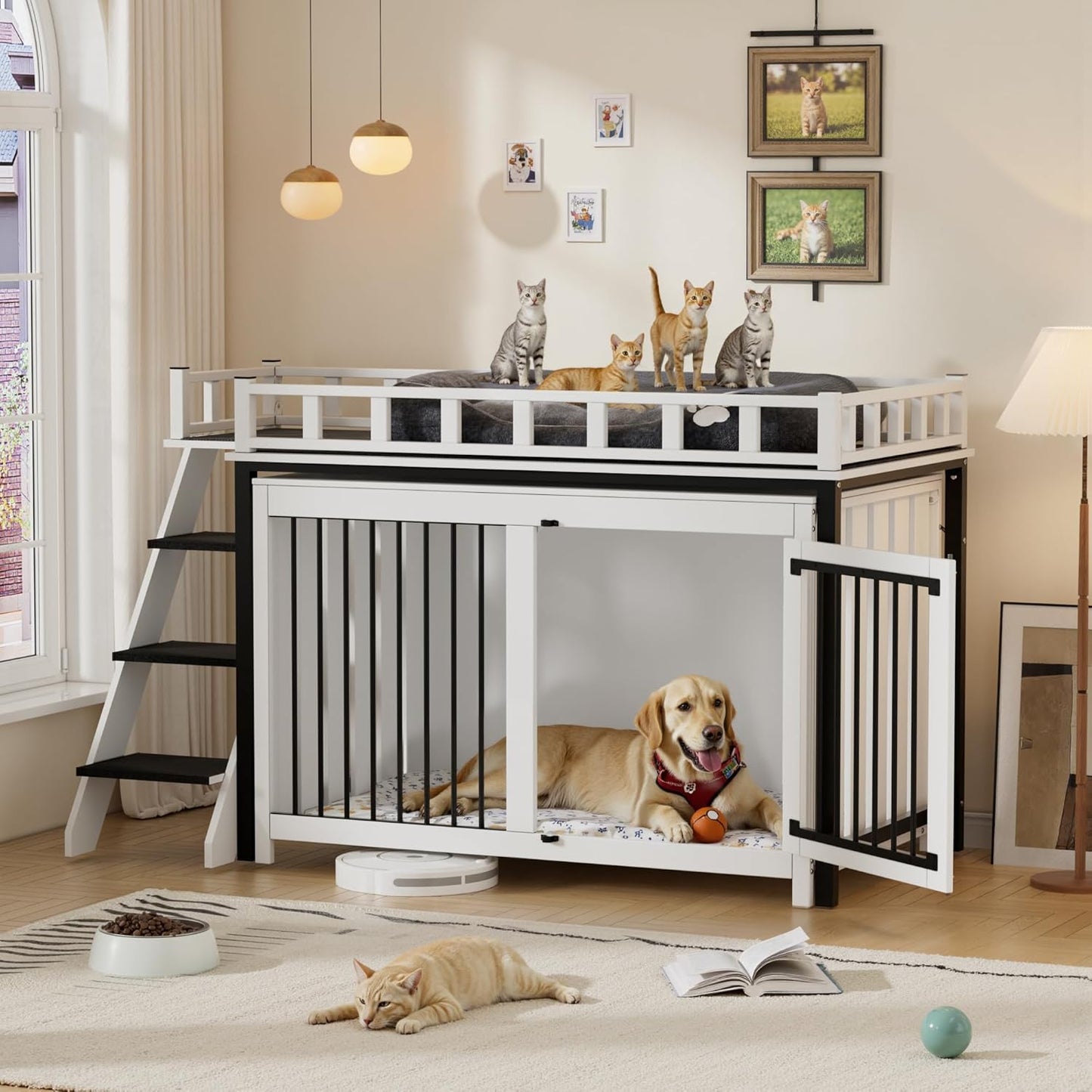 PAKASEPT Dog Crate Furniture, Pet Bunk Bed with Stairs and Storage, Dogs/Cats Window Perch, with Multi-Purpose Blanket and Fluffy Dog Bed for Small Medium Size (55.1L x 28.5" W x 37.4" H)