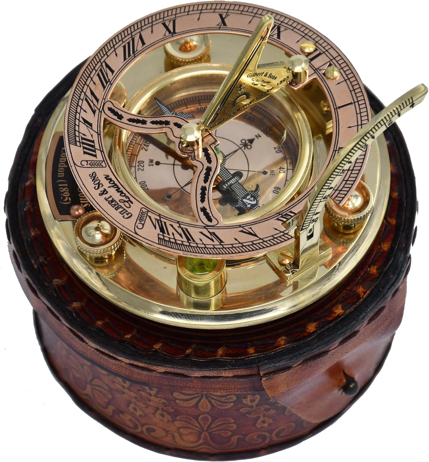 Personalized Engraved Antique Brass & Copper Sundial Compass, Sundial Clock in Leather Box Gift Sun Clock Ship Replica Watch
