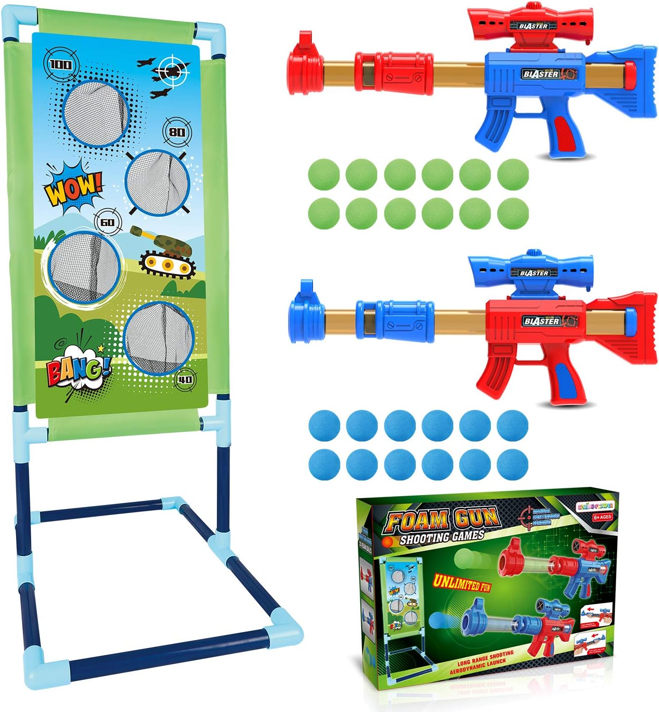 SpringFlower Shooting Game Toy for 5 6 7 8 9 10+ Years Olds Boys,2pk Foam Ball Popper Air Toy Guns with Standing Shooting Target,24 Foam Balls, for Kids