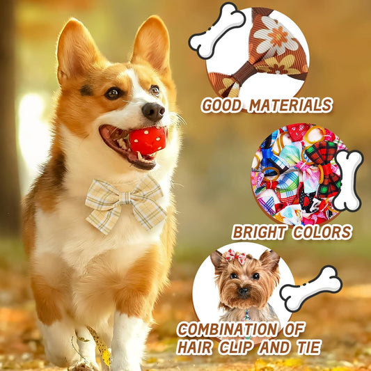 60 Pieces Dog Bow Tie Collars Dog Hair Bows Set Include 40 Small Dogs Hair Bows 10 Puppy Bowties 10 Collars Bow Adjustable Pet Ties Neck Grooming for Small Medium Pets Cats Accessories Supply