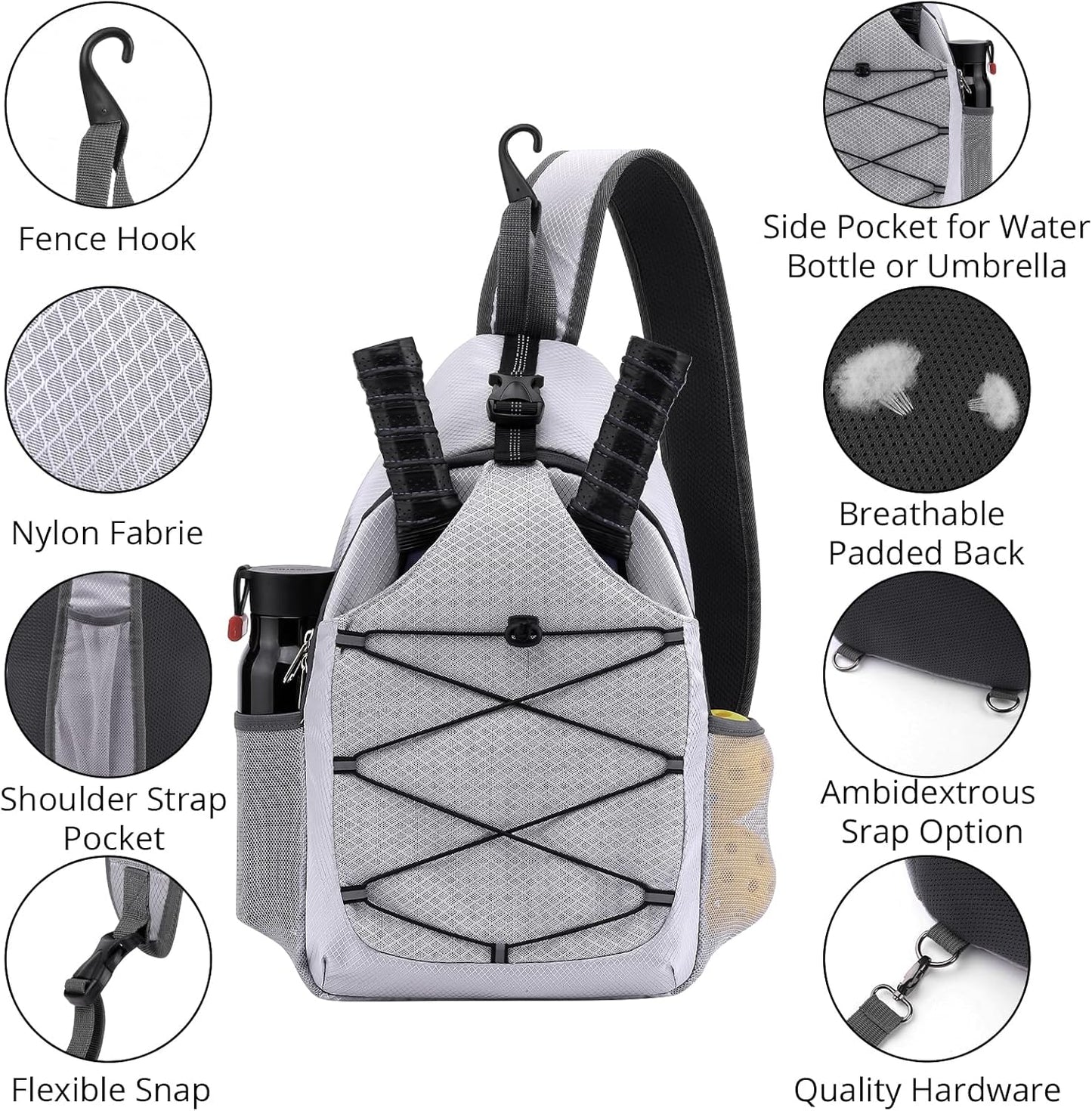 Pickleball Bag Pickleball Paddle Bag Small Pickleball Bag for Women Men, Adjustable Pickleball Sling Bag with Fence Hook Water Bottle Holder for Pickleball Paddle Racket