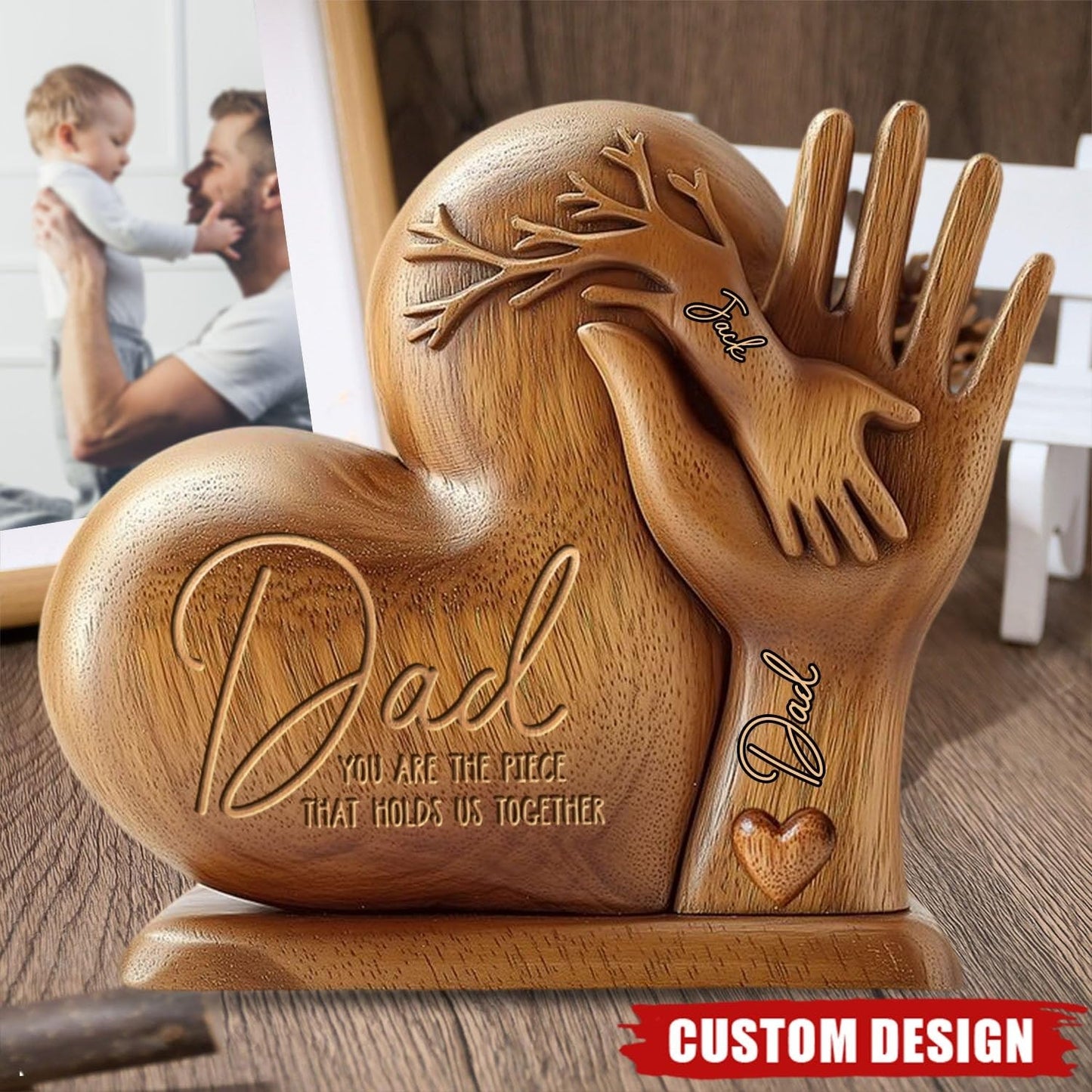 Dad You Are The Piece That Holds Us Together - Personalized Acrylic Plaque, Father's Day Gift Wooden Texture Effect Heart Shaped Father’s Day Sign Table Decor Personalized Fathers Day Plaque Gifts