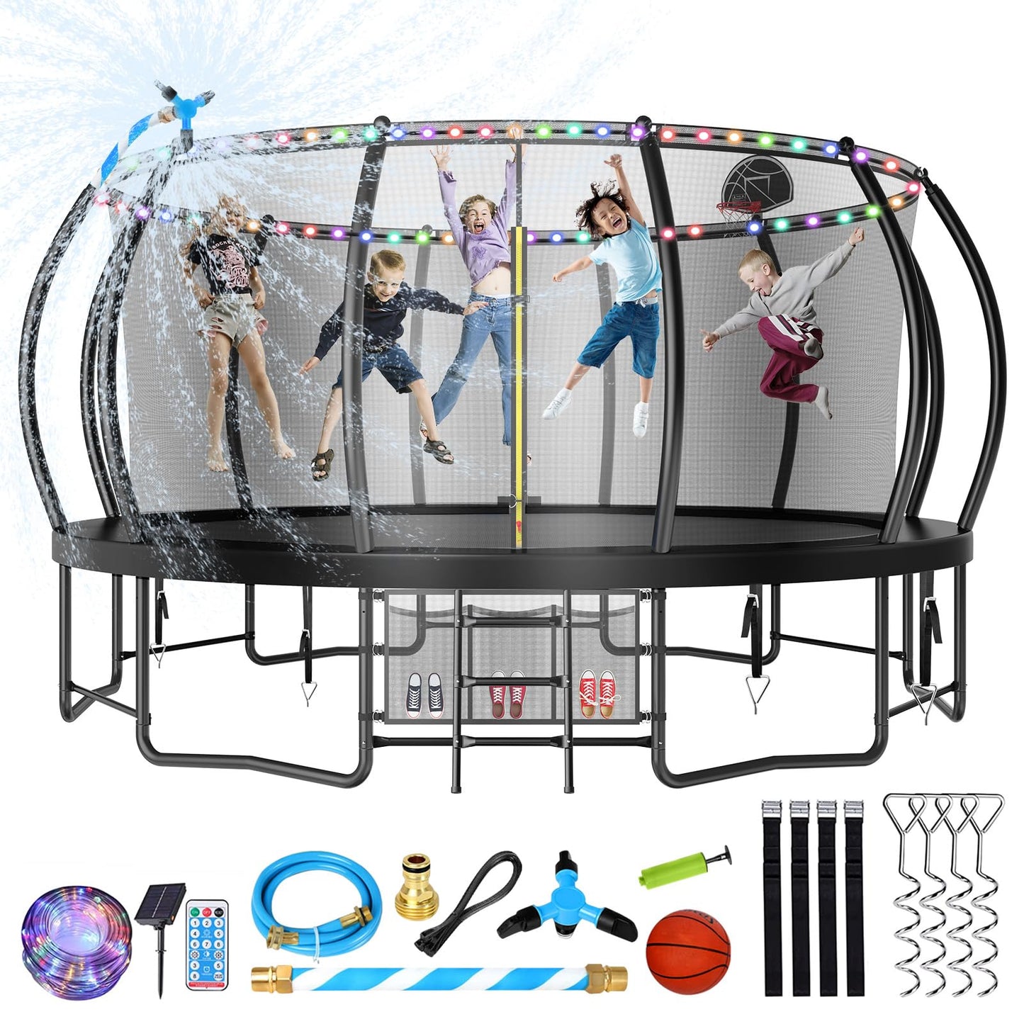 Large Outdoor Trampoline with Basketball Hoop, 10-16FT with Lights for Kids and Adults, Recreational Trampoline with Sprinkler and Stakes