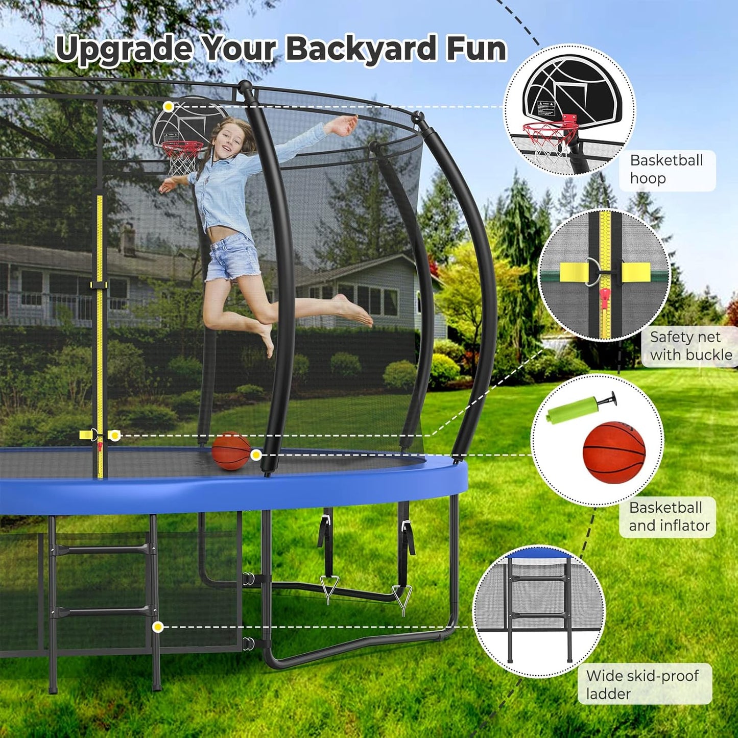 Large Outdoor Trampoline with Basketball Hoop, 10-16FT with Lights for Kids and Adults, Recreational Trampoline with Sprinkler and Stakes