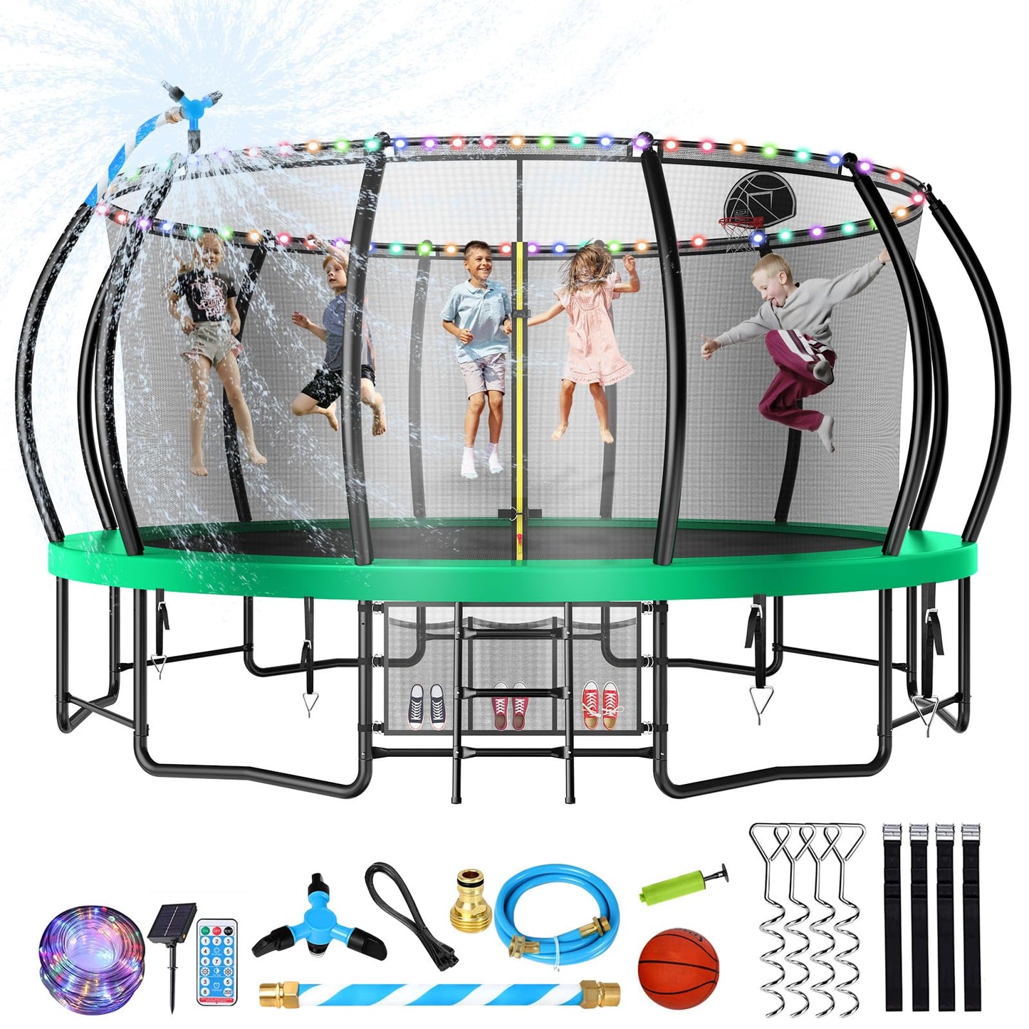 Large Outdoor Trampoline with Basketball Hoop, 10-16FT with Lights for Kids and Adults, Recreational Trampoline with Sprinkler and Stakes