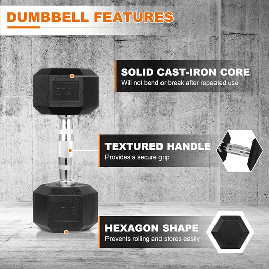 Rubber Coated Hex Dumbbell Weight Set and Storage Rack, 100LB Set or 150LB Set, 5-20 lbs Pairs or 5-25 lbs Pairs