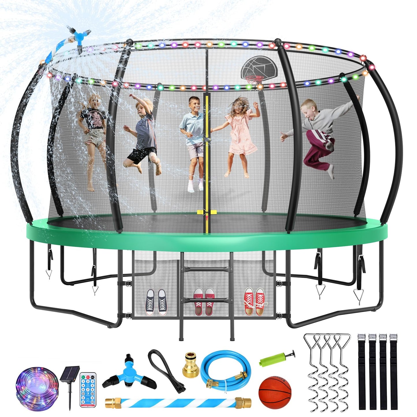 Large Outdoor Trampoline with Basketball Hoop, 10-16FT with Lights for Kids and Adults, Recreational Trampoline with Sprinkler and Stakes
