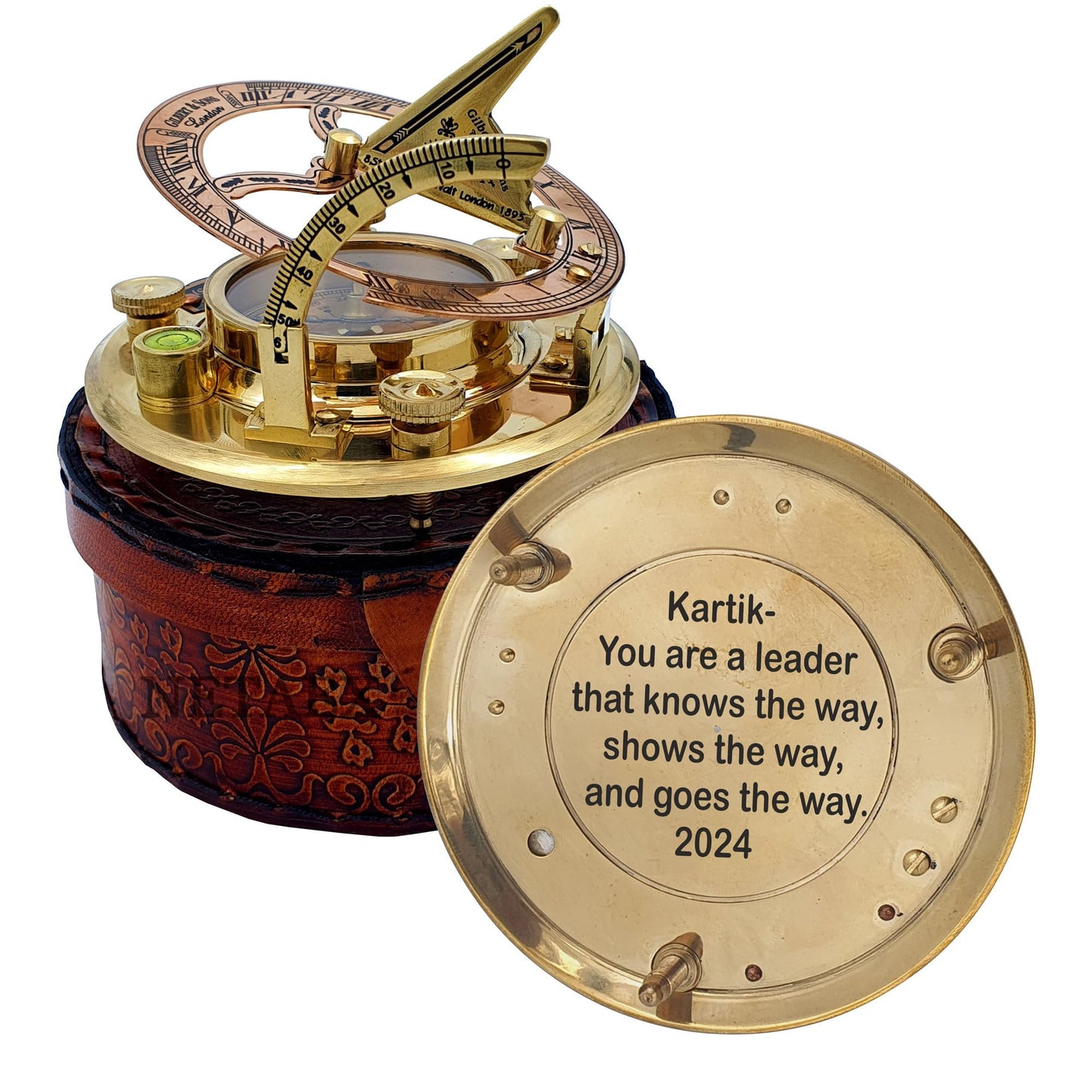Personalized Engraved Antique Brass & Copper Sundial Compass, Sundial Clock in Leather Box Gift Sun Clock Ship Replica Watch