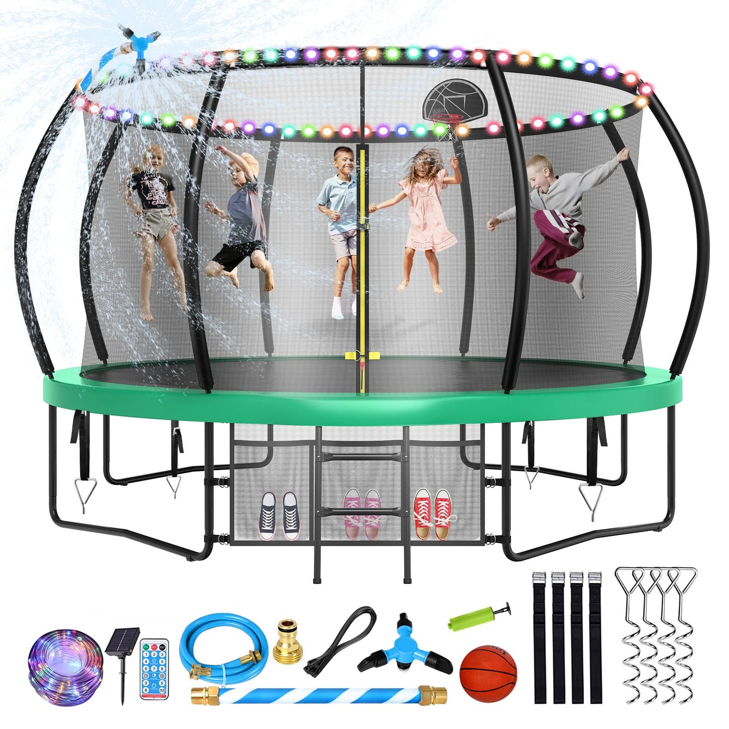 Large Outdoor Trampoline with Basketball Hoop, 10-16FT with Lights for Kids and Adults, Recreational Trampoline with Sprinkler and Stakes
