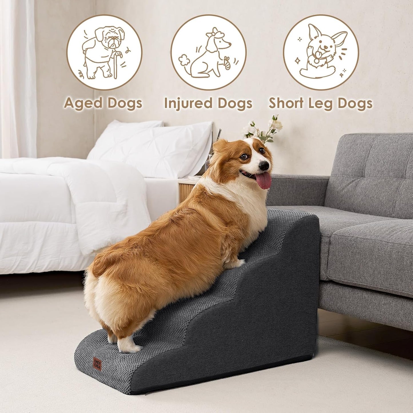 EHEYCIGA Curved Dog Stairs Ramp for High Beds 19.7" H, 4-Step Dog Steps for Small Dogs and Cats, Pet Stairs for High Bed Climbing, Non-Slip Balanced Pet Step Indoor, Grey