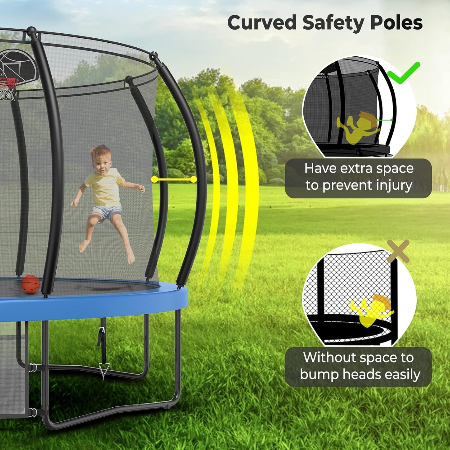 Large Outdoor Trampoline with Basketball Hoop, 10-16FT with Lights for Kids and Adults, Recreational Trampoline with Sprinkler and Stakes