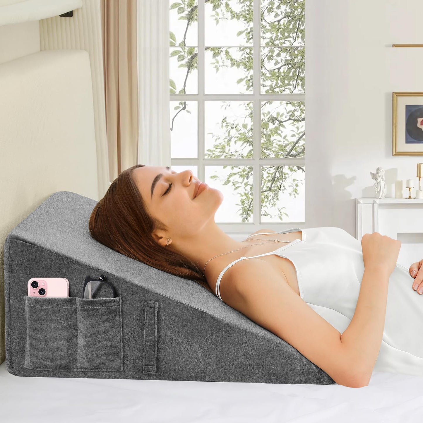 Wedge Pillow for Sleeping, 12" Bed Wedge Pillow for After Surgery, Triangle Pillow Wedge for Heartburn, Acid Reflux, GERD, Back Pain Relief, Neck Pain, Soft & Cooling Memory Foam Top