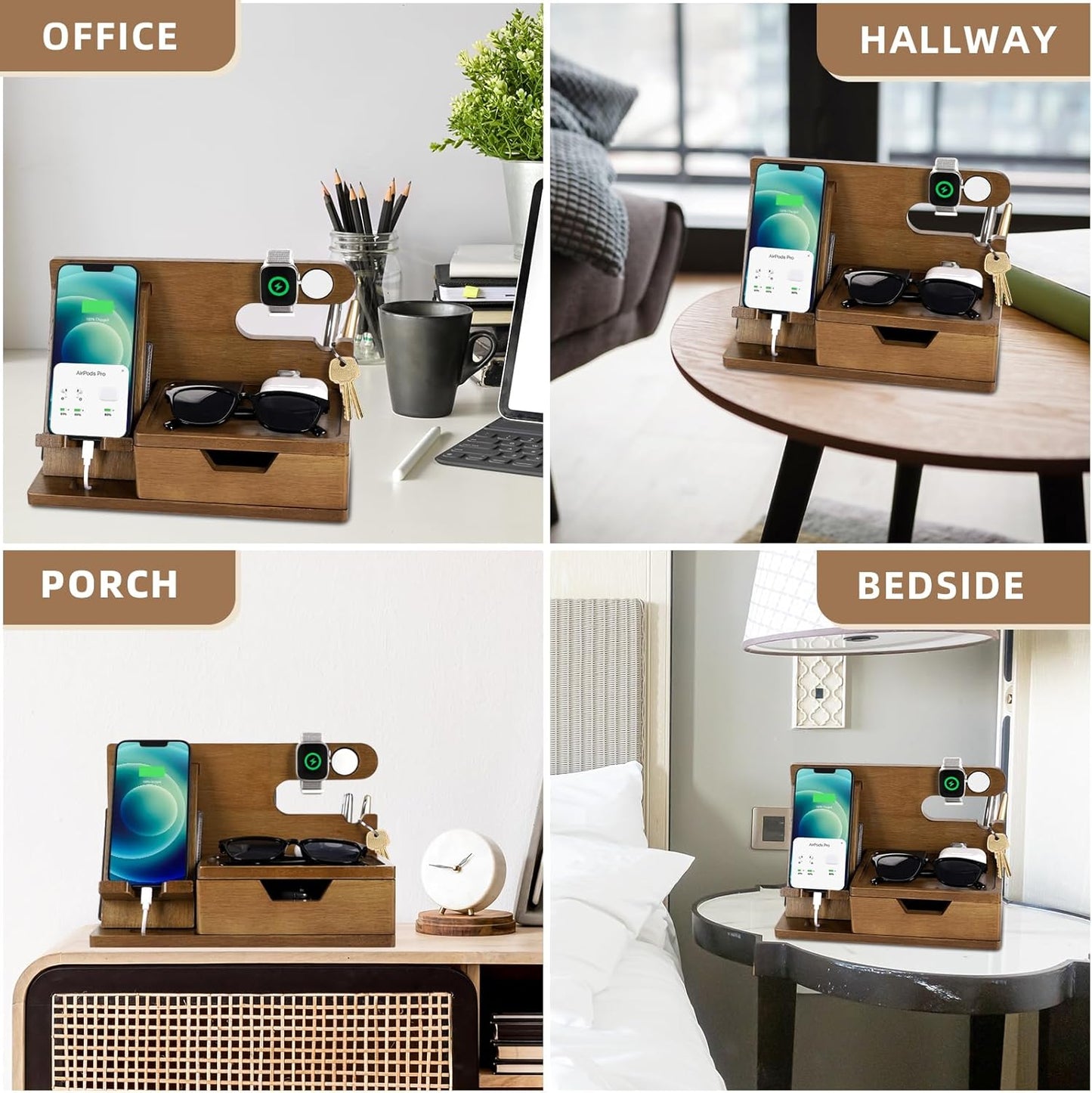 Fathers Day Dad Gifts from Daughter Son Wife, Wood Phone Docking Station with Drawer, Birthday Anniversary Men Him Husband Boyfriend Gifts from Girlfriend, Mens Nightstand Organizer Presents Ideas