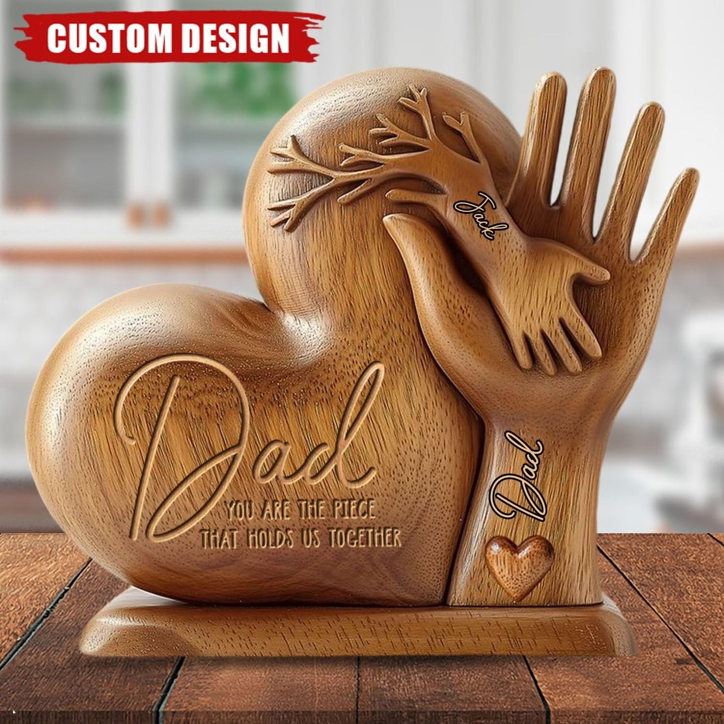 Dad You Are The Piece That Holds Us Together - Personalized Acrylic Plaque, Father's Day Gift Wooden Texture Effect Heart Shaped Father’s Day Sign Table Decor Personalized Fathers Day Plaque Gifts