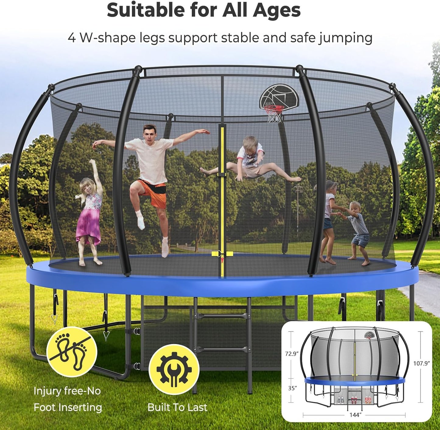 Large Outdoor Trampoline with Basketball Hoop, 10-16FT with Lights for Kids and Adults, Recreational Trampoline with Sprinkler and Stakes