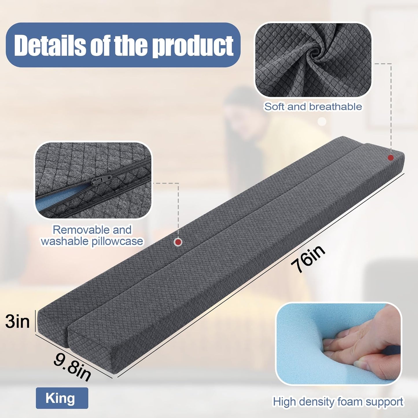 BALAPET Flodable Pillow for Headboard Gap,Bed Gap Filler Queen Size,Adjustable Bed Wedge Pillow for Headboard,Rectangular Bed Gap Filler,Foam Mattress Gap Filler(Gray,King)