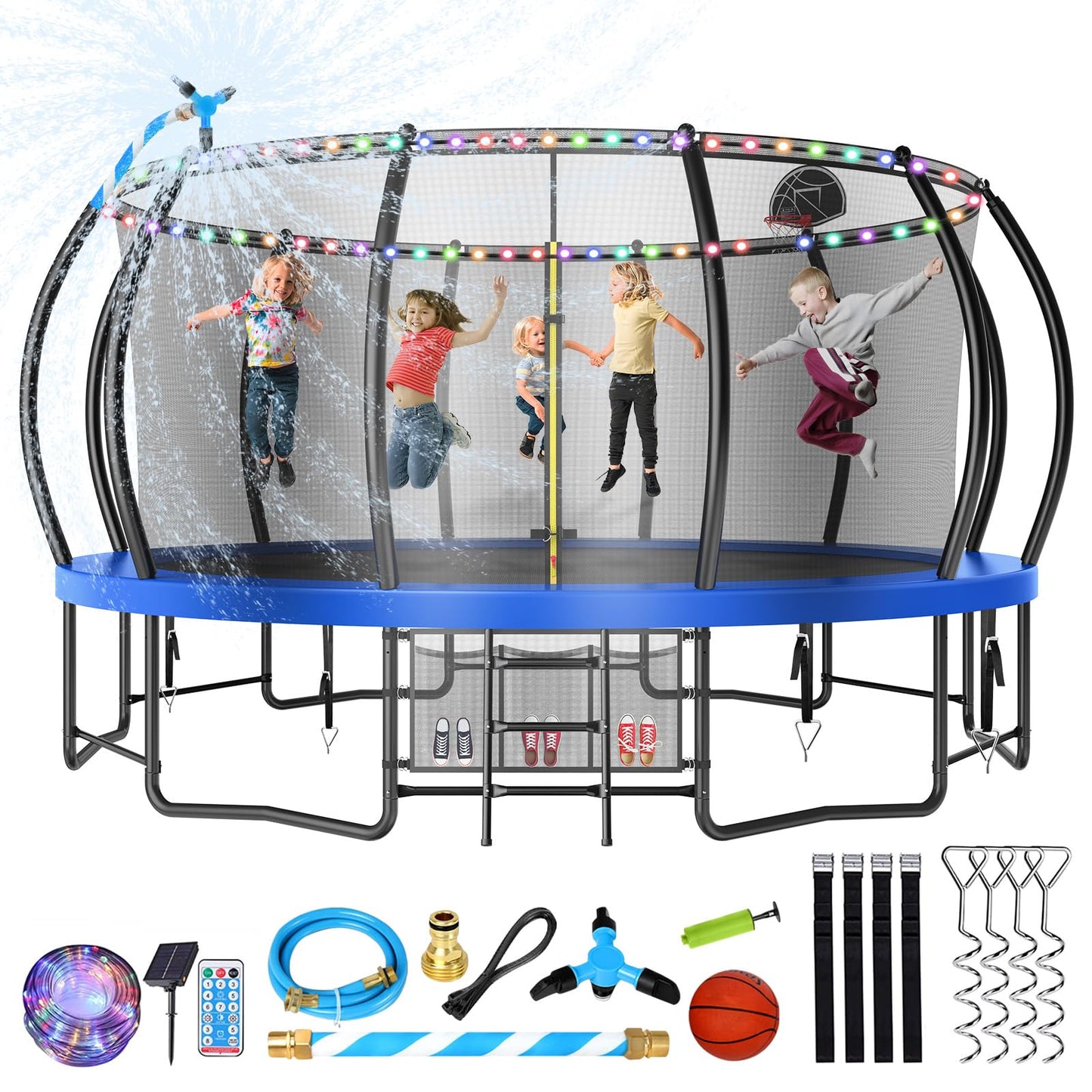 Large Outdoor Trampoline with Basketball Hoop, 10-16FT with Lights for Kids and Adults, Recreational Trampoline with Sprinkler and Stakes