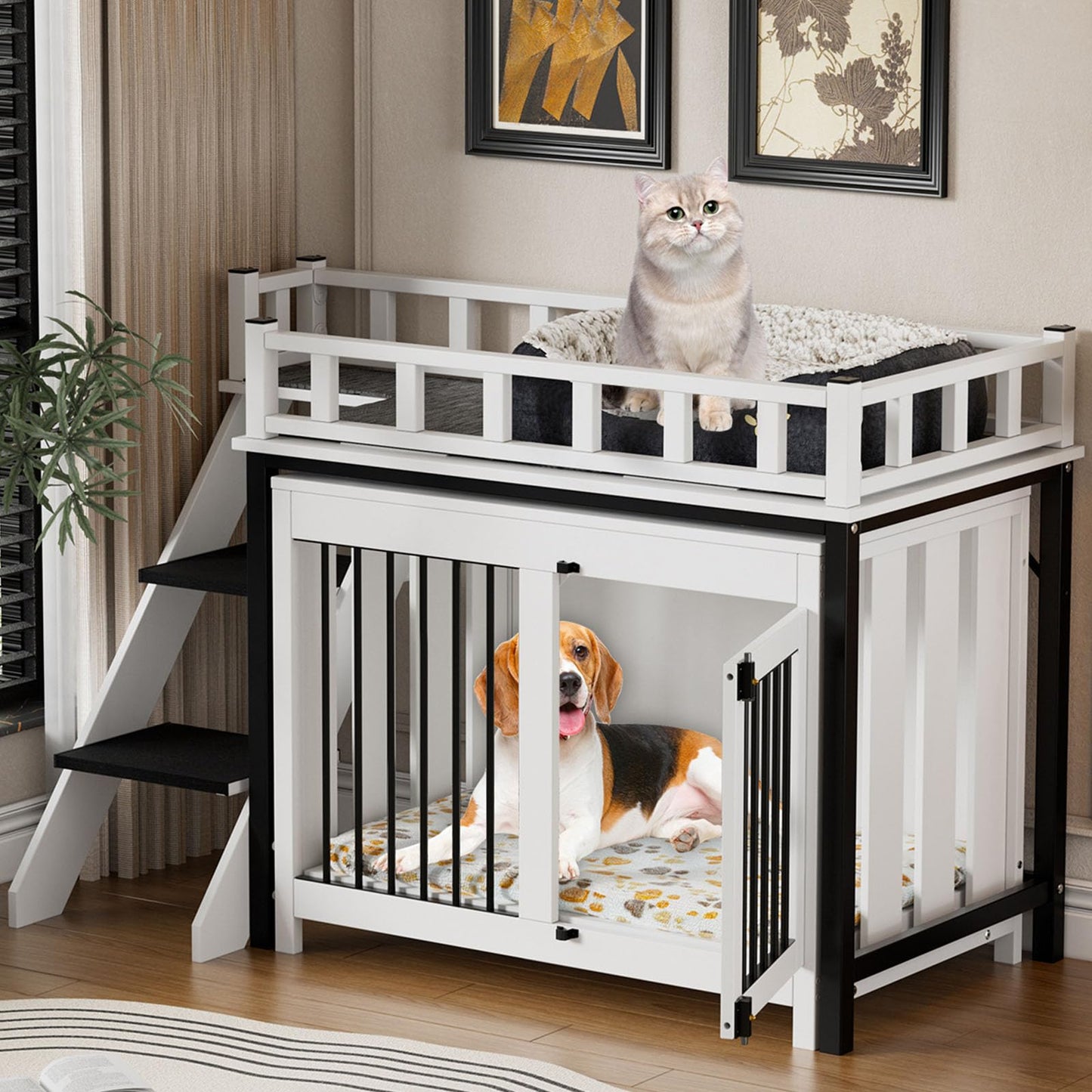 PAKASEPT Dog Crate Furniture, Pet Bunk Bed with Stairs and Storage, Dogs/Cats Window Perch, with Multi-Purpose Blanket and Fluffy Dog Bed for Small Medium Size (55.1L x 28.5" W x 37.4" H)
